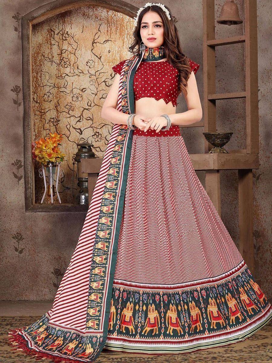 Red and white printed lehenga choli with elephant border, ethnic Indian wear for women