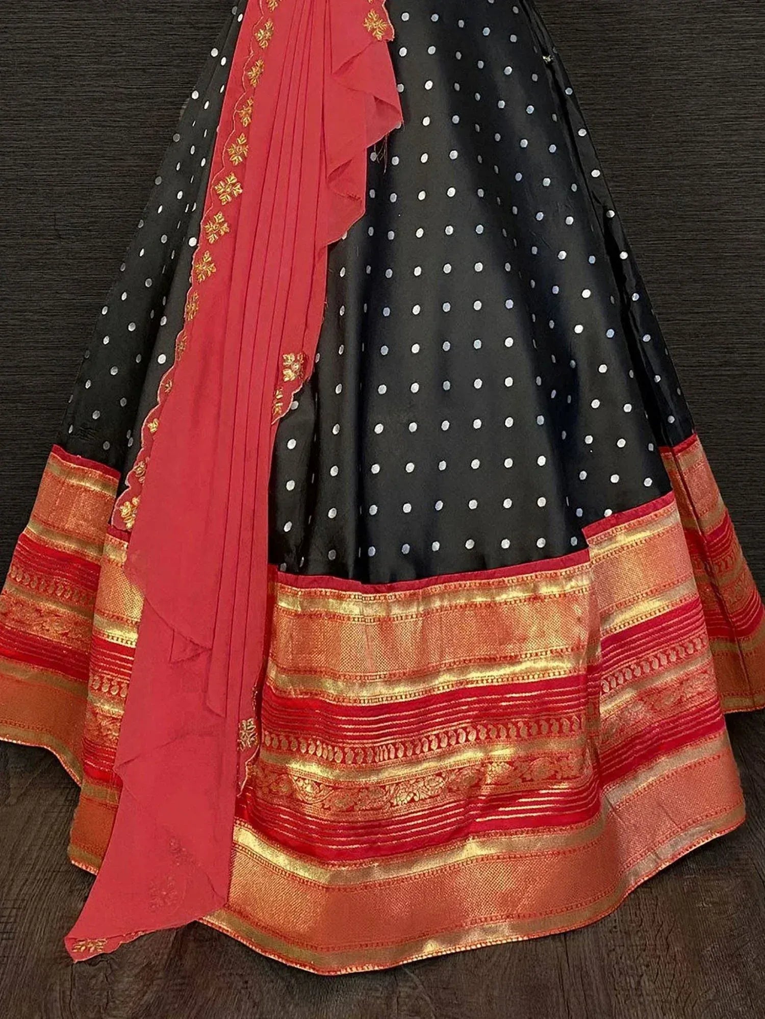 Black polka dot lehenga with red gold border and matching dupatta, Indian ethnic wear