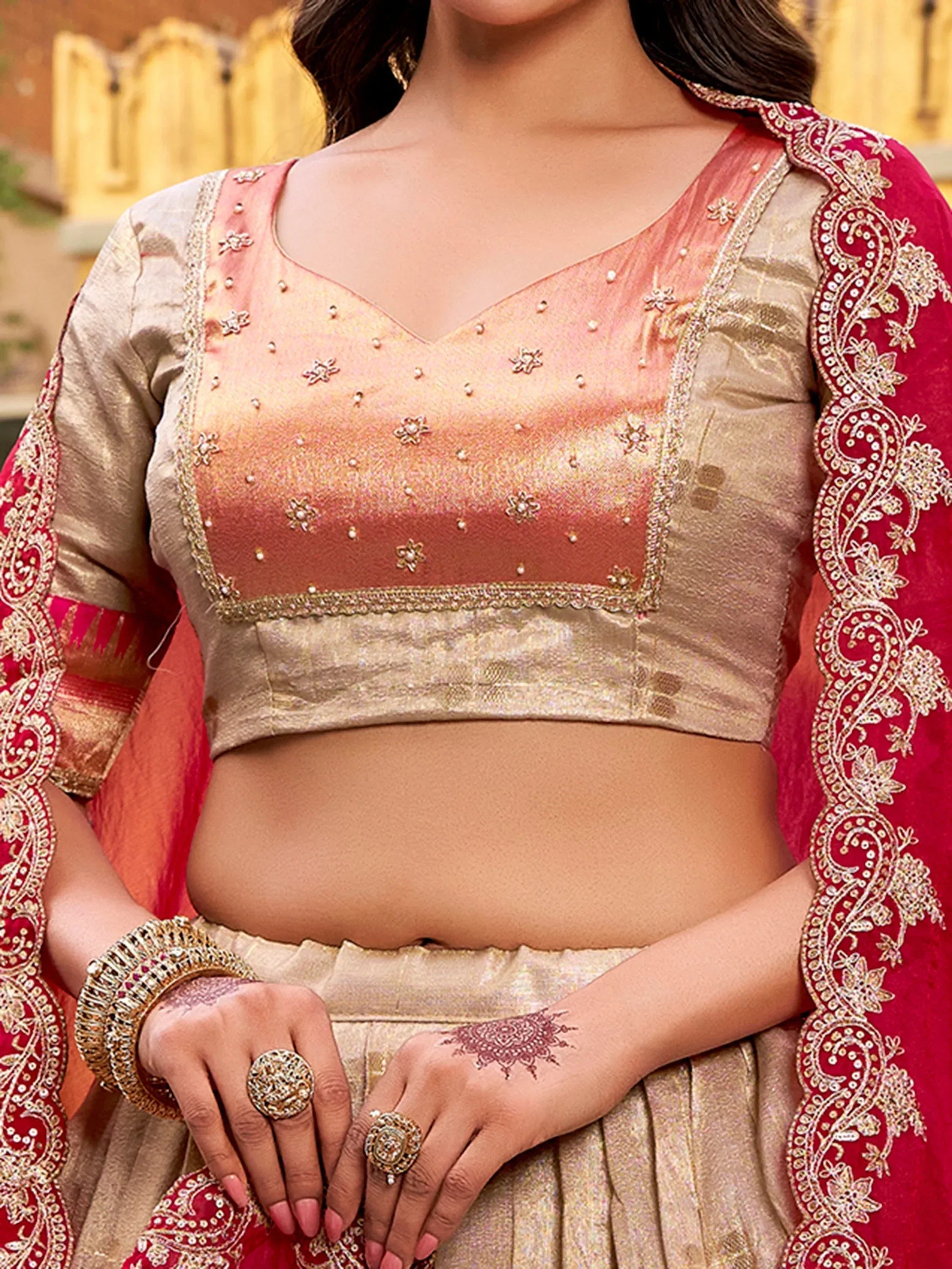 Fashionable Cream Zari Weaving Silk Wedding Wear Lehenga Choli