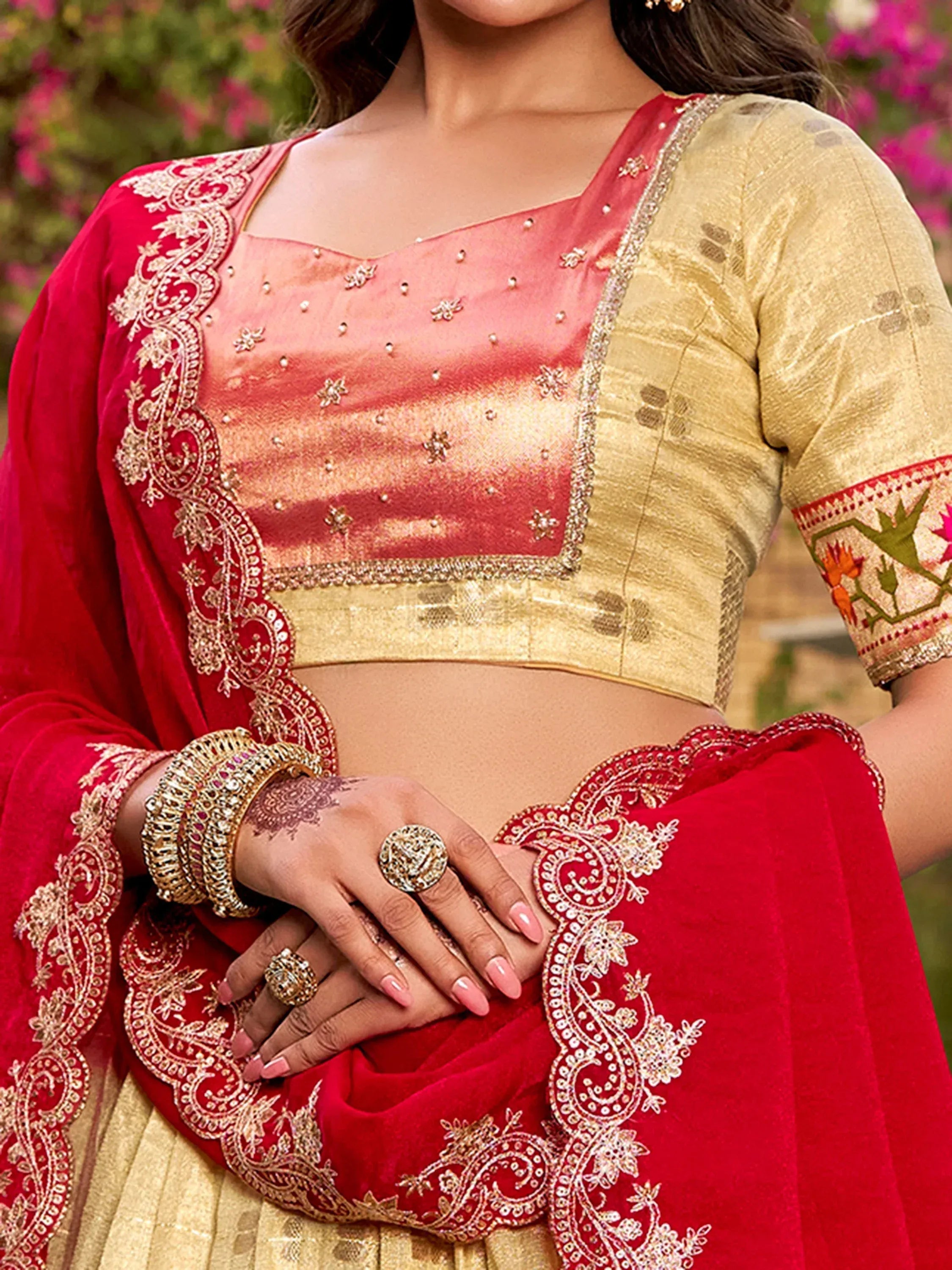 Glamorous Golden Zari Weaving Silk Navratri Wear Lehenga Choli