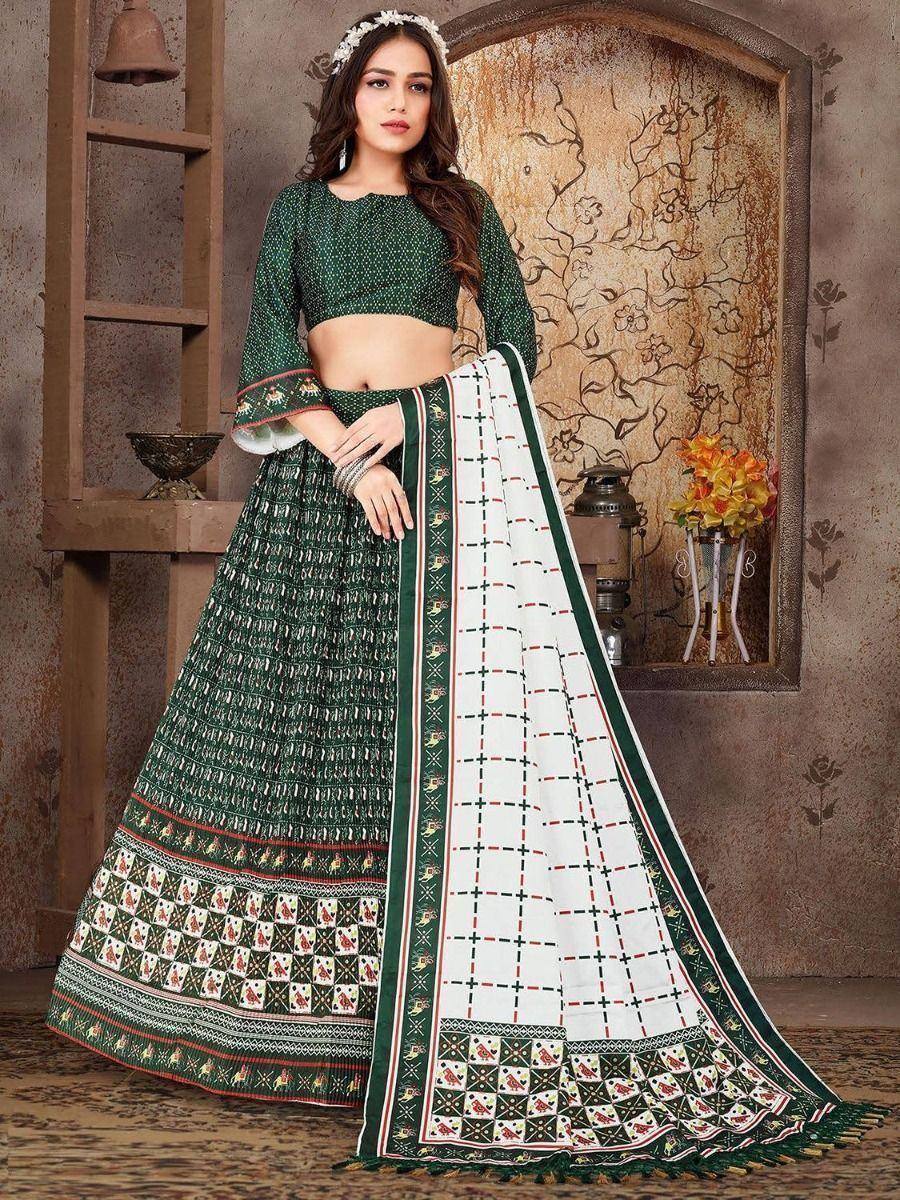 Green printed lehenga choli with white dupatta, ethnic Indian wear for women