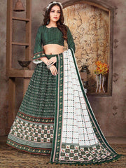 Intricate Green Dull Satin Silk Digital Print Event Wear Lehenga With Dupatta