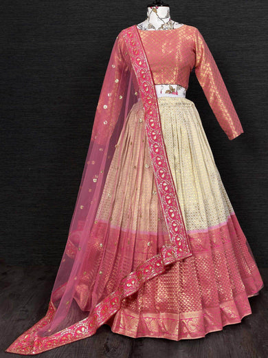 Lovely Cream Sequins Zari Work Party Wear Lehenga Choli