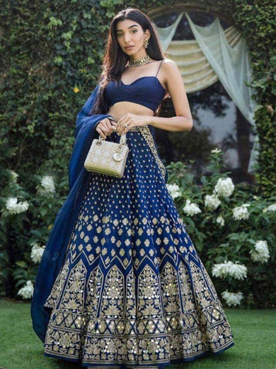 Navy Blue Mirror Work Embroidered Taffeta Wedding Wear Lehenga Choli
