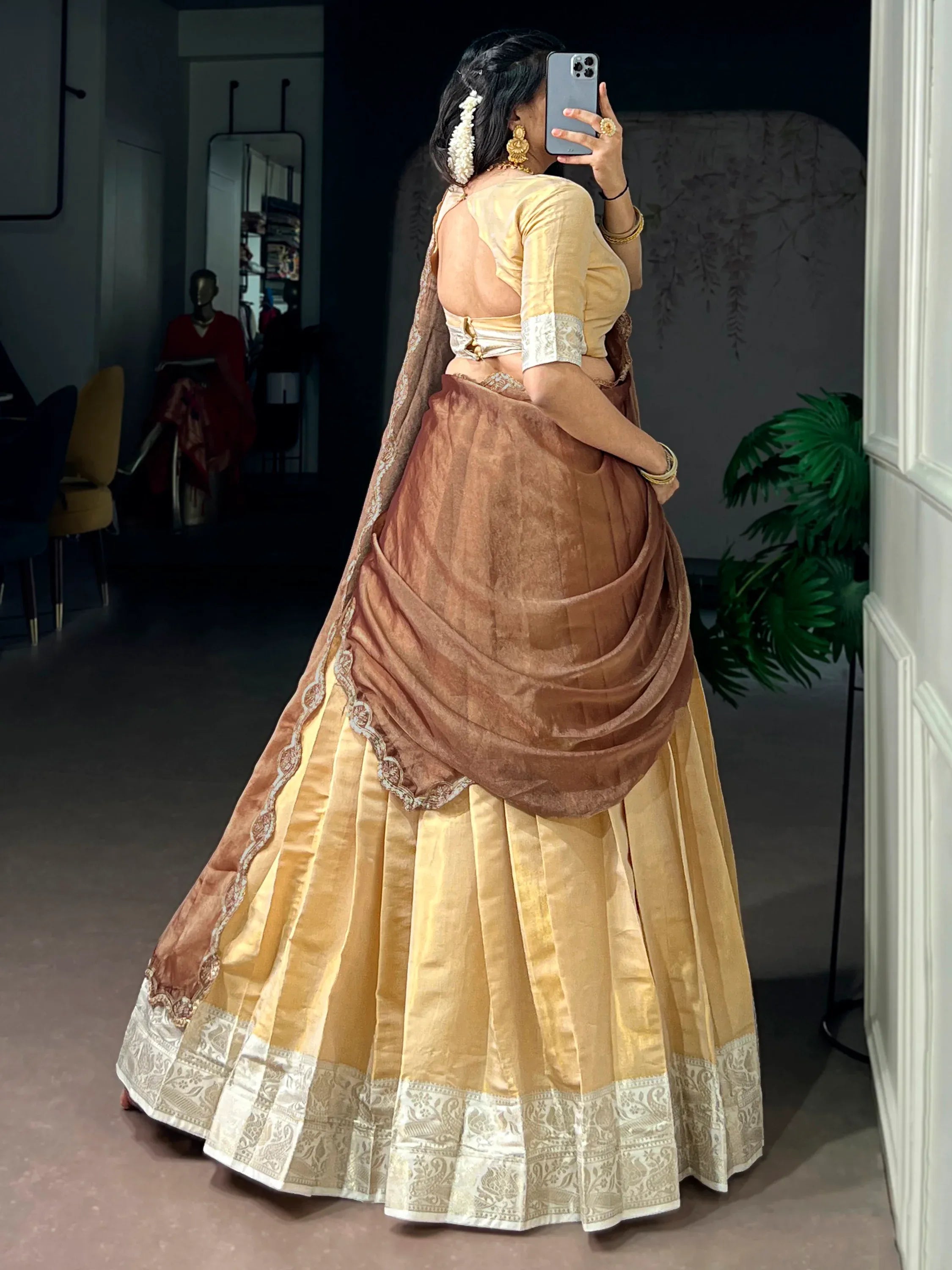 Marvelous Beige Zari Weaving Silk Traditional Half Saree Lehenga