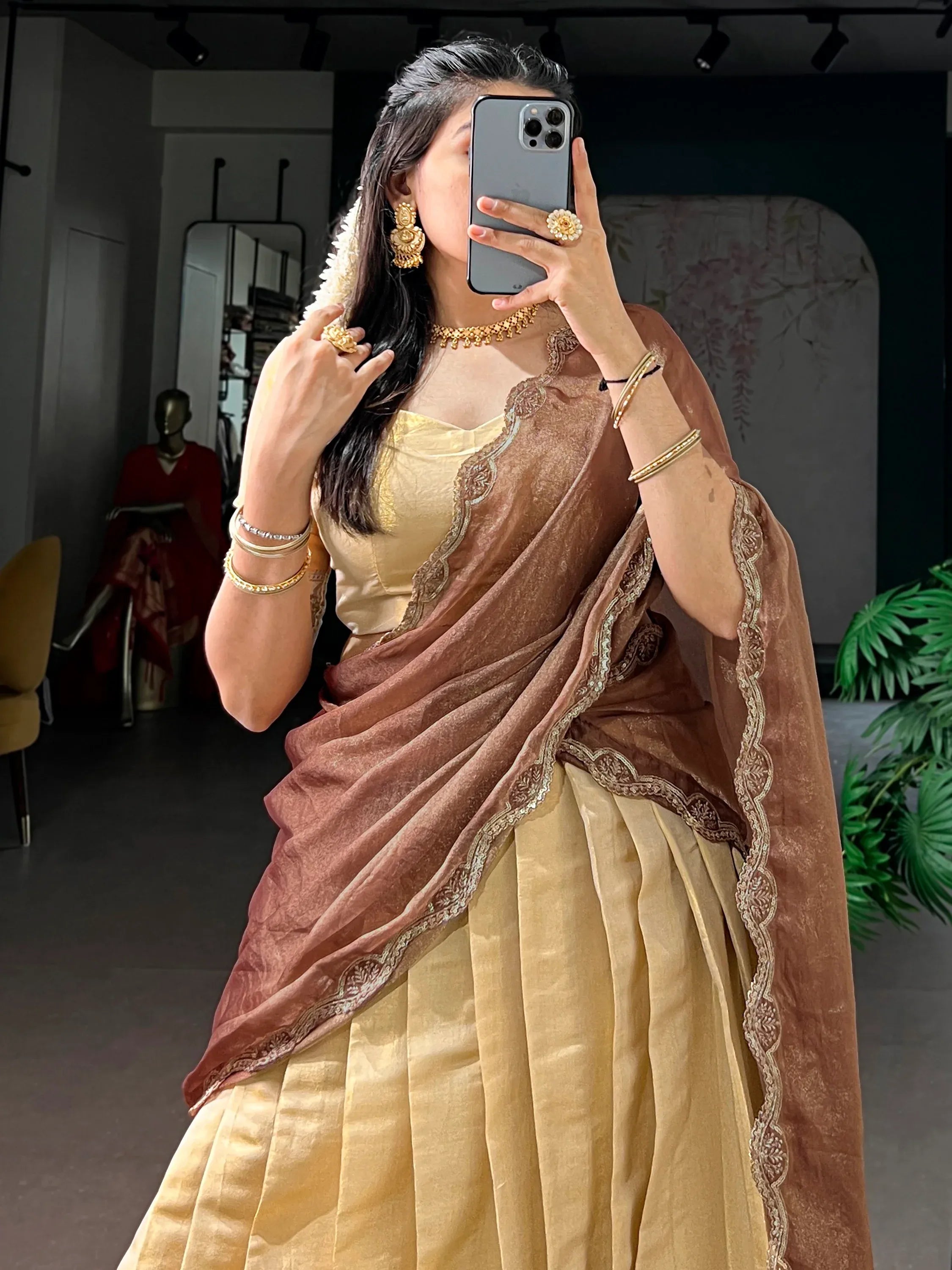 Marvelous Beige Zari Weaving Silk Traditional Half Saree Lehenga