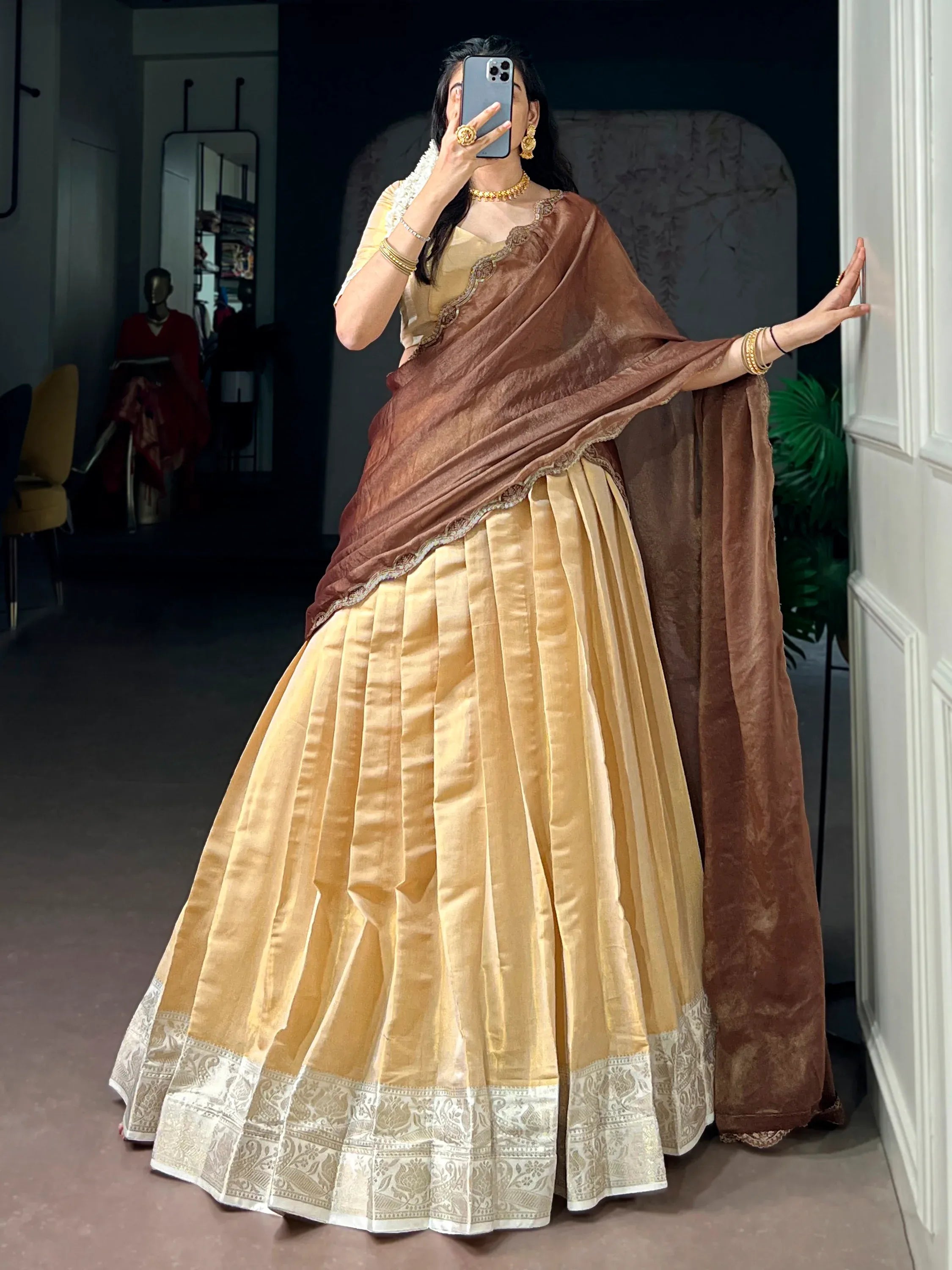 Marvelous Beige Zari Weaving Silk Traditional Half Saree Lehenga
