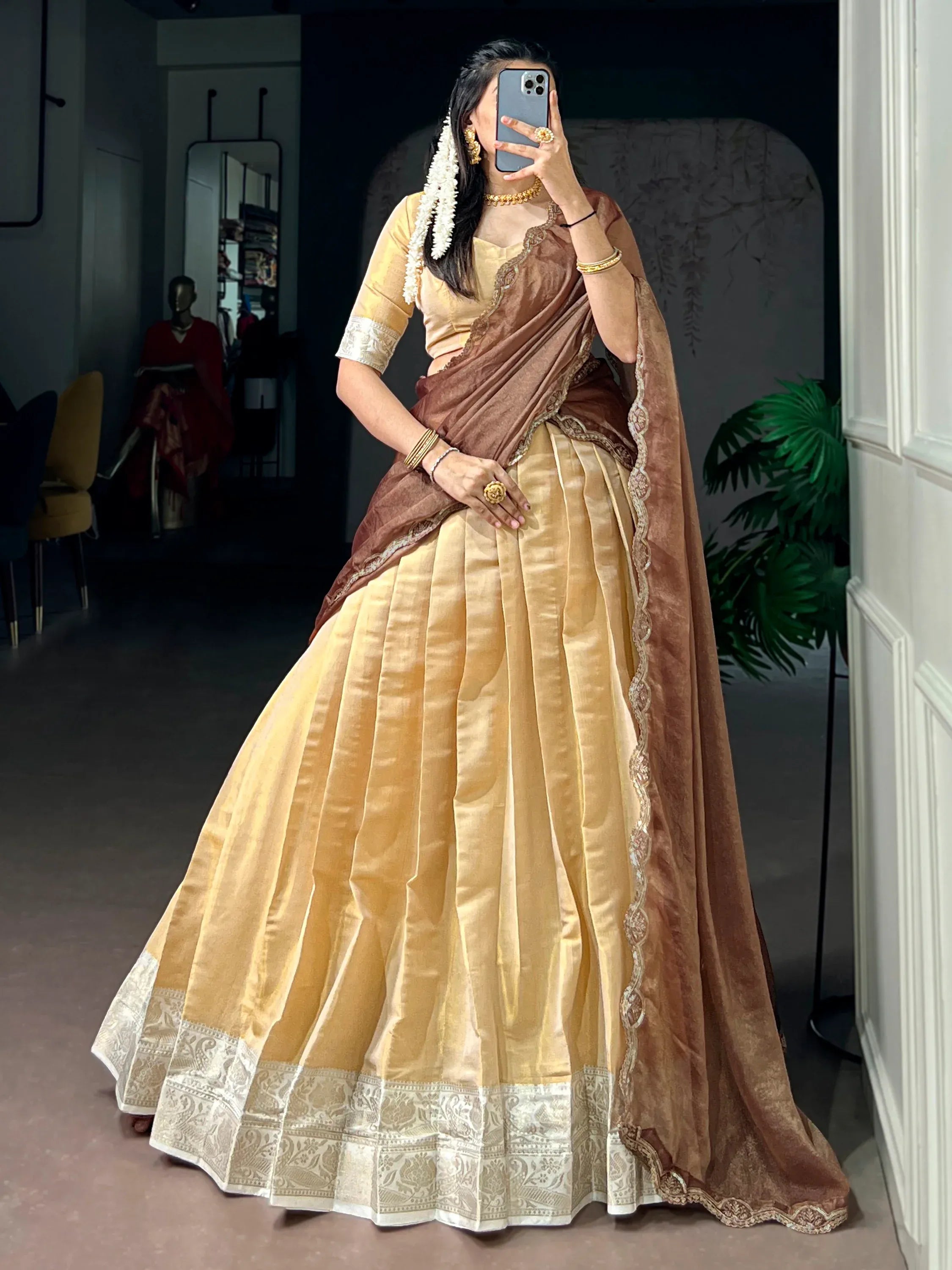 Marvelous Beige Zari Weaving Silk Traditional Half Saree Lehenga