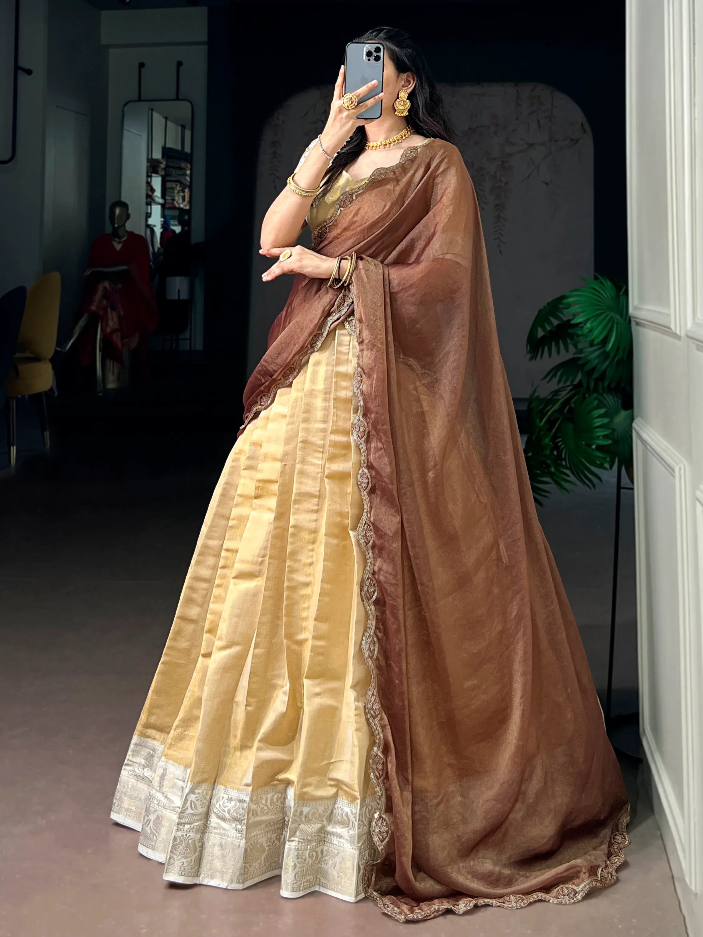 Marvelous Beige Zari Weaving Silk Traditional Half Saree Lehenga
