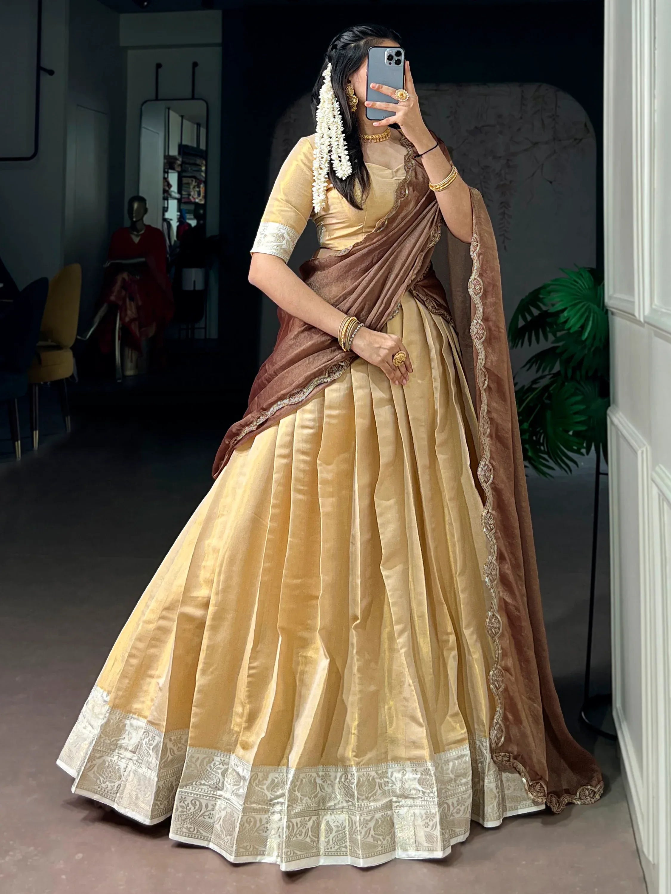 Marvelous Beige Zari Weaving Silk Traditional Half Saree Lehenga