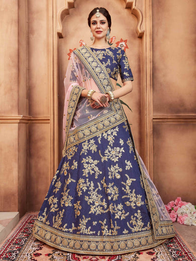 Awesome Navy Blue Sequins Embroidered Wedding Lehenga Choli