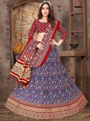 Brilliant Blue Dull Satin Silk Digital Print Reception Wear Lehenga Choli