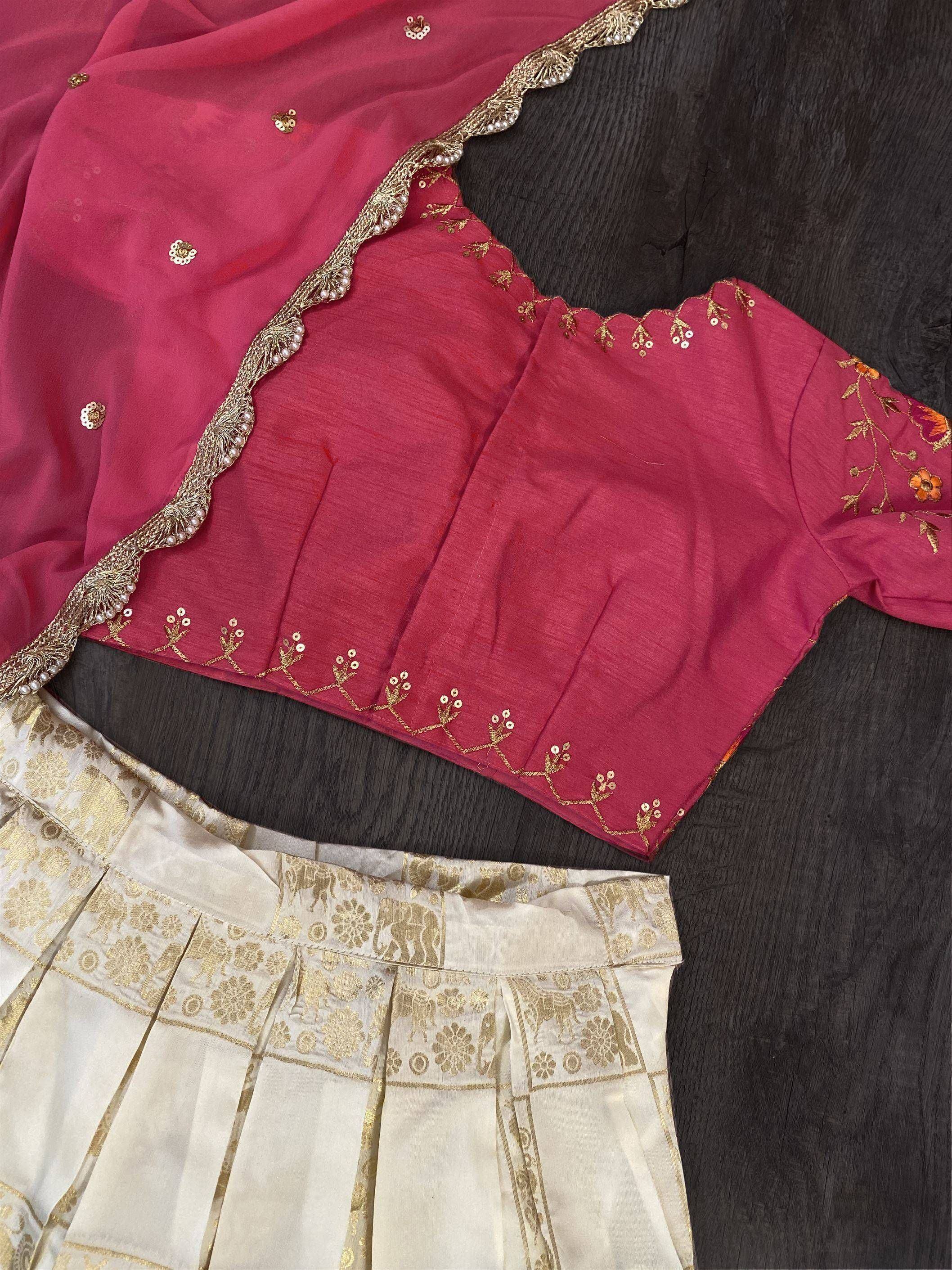 Cream Embroidered Banarasi Silk Wedding Wear Half Saree Lehenga Choli