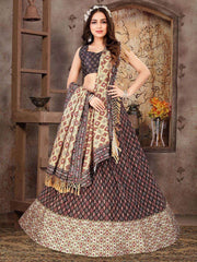 Wondrous Brown Dull Satin Silk Digital Print Wedding Lehenga For Women
