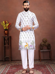 Fascinating White Digital Printed Cotton Festival Wear Men’s Kurta