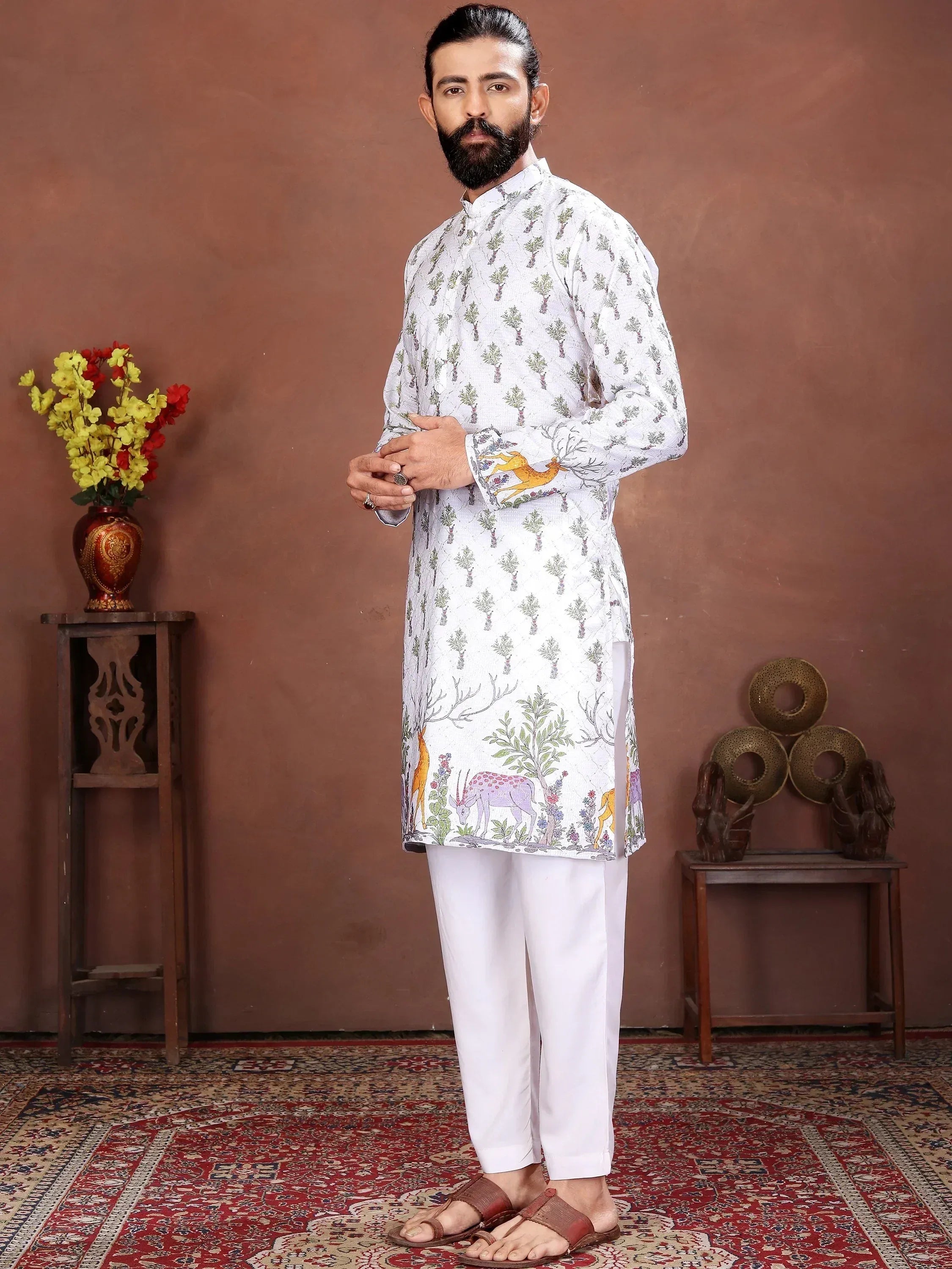 Fascinating White Digital Printed Cotton Festival Wear Men’s Kurta