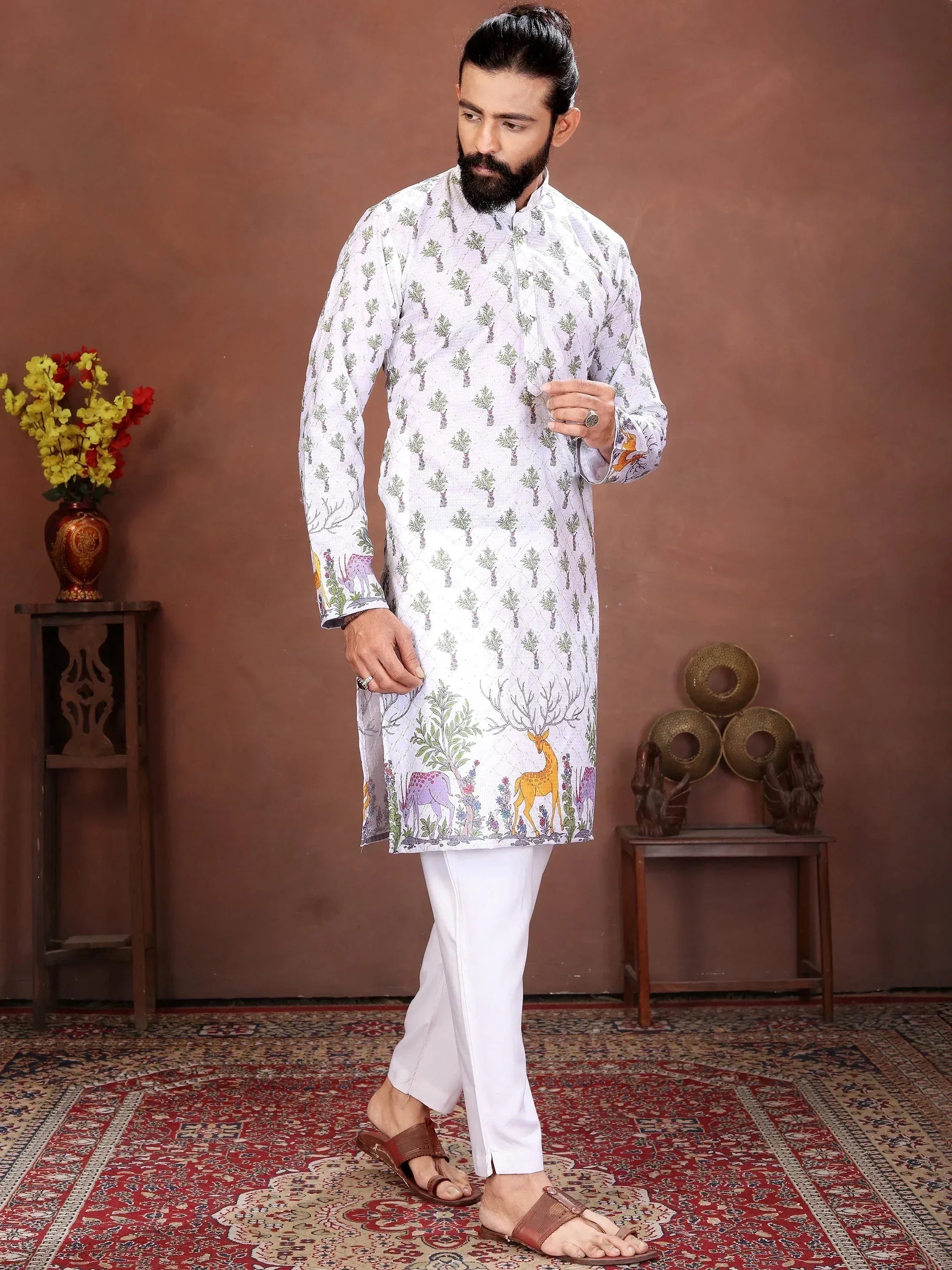 Fascinating White Digital Printed Cotton Festival Wear Men’s Kurta
