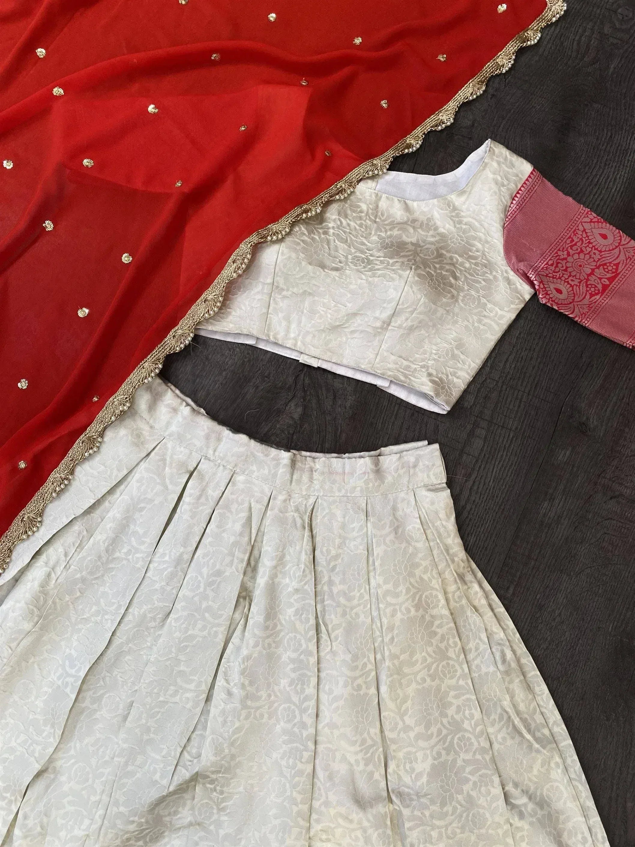 Cream embroidered lehenga choli with red dupatta, Indian ethnic wear for women