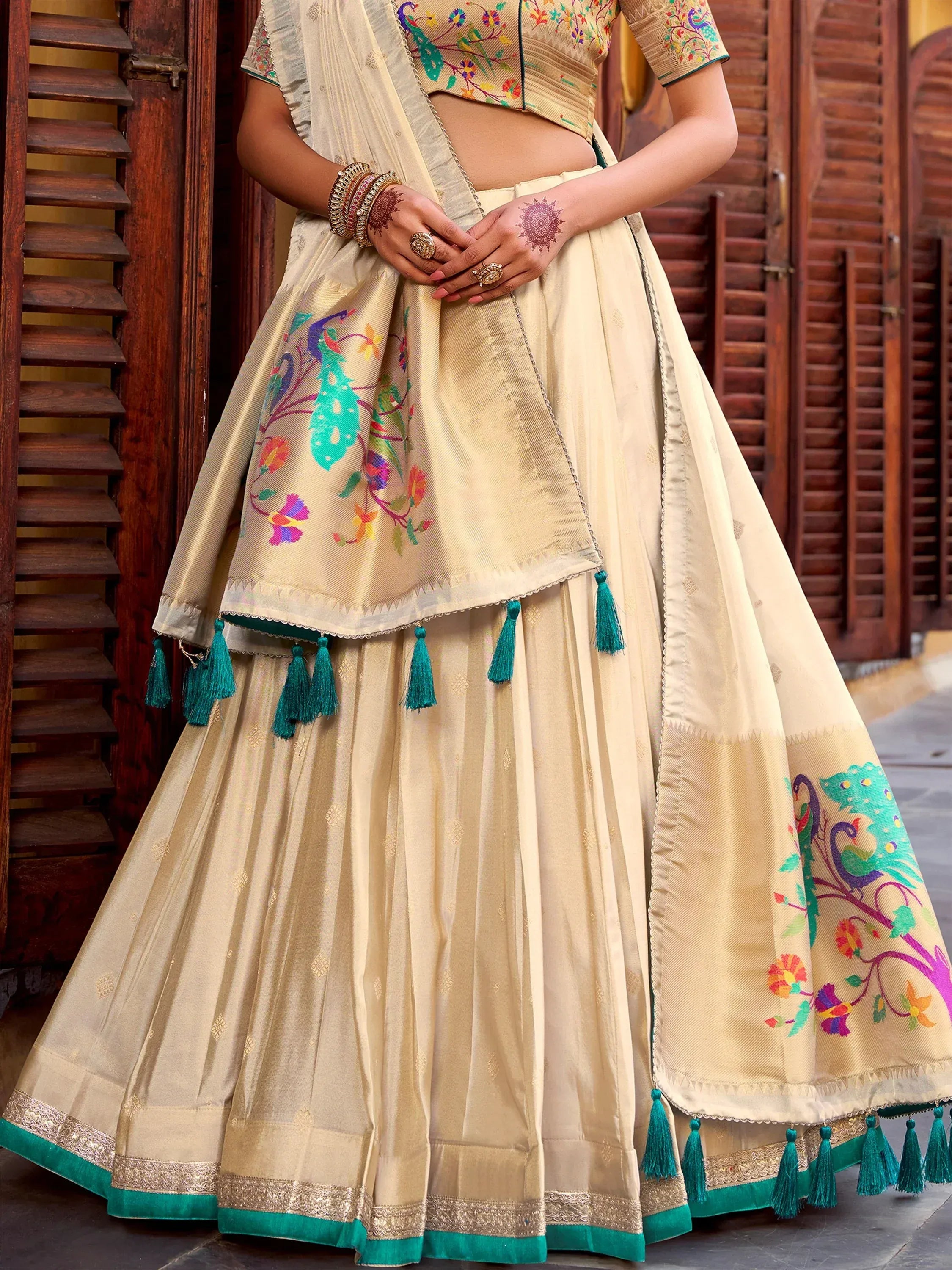 Royal Cream Zari Work Silk Navratri Wear Lehenga Choli With Dupatta