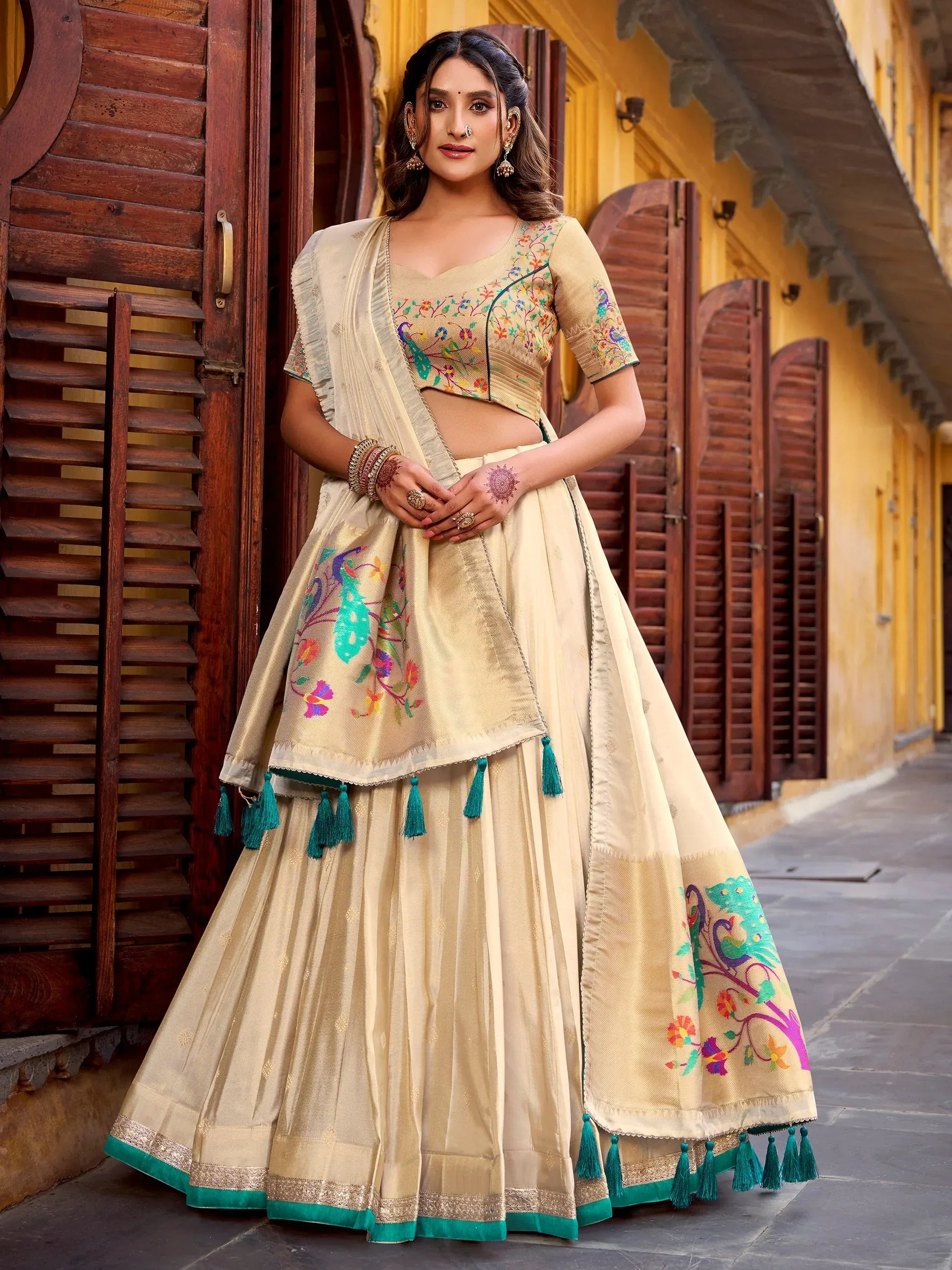 Royal Cream Zari Work Silk Navratri Wear Lehenga Choli With Dupatta