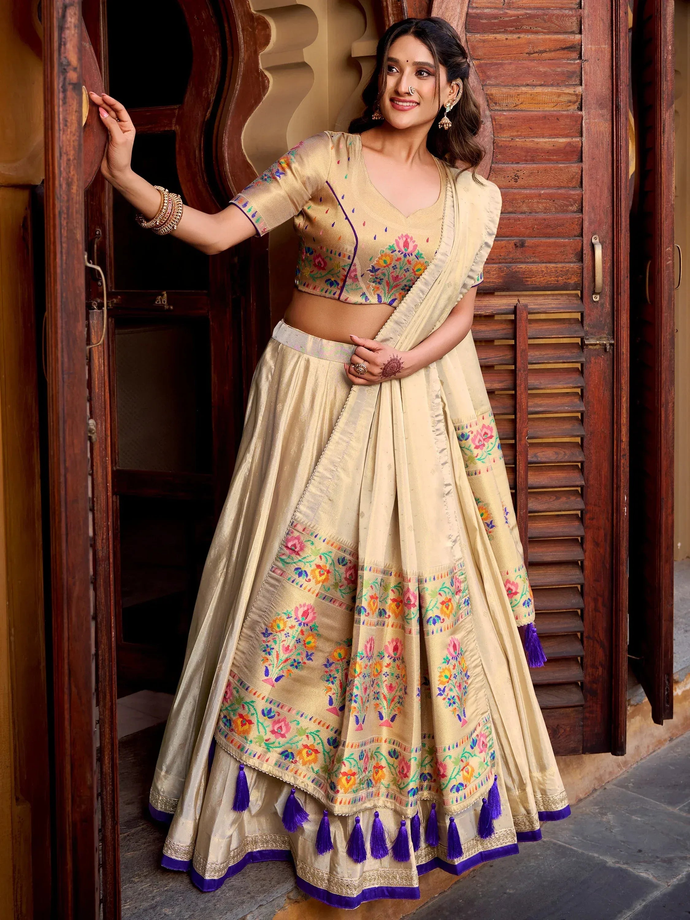 Glowing Cream Zari Embroidered Silk Wedding Wear Lehenga Choli