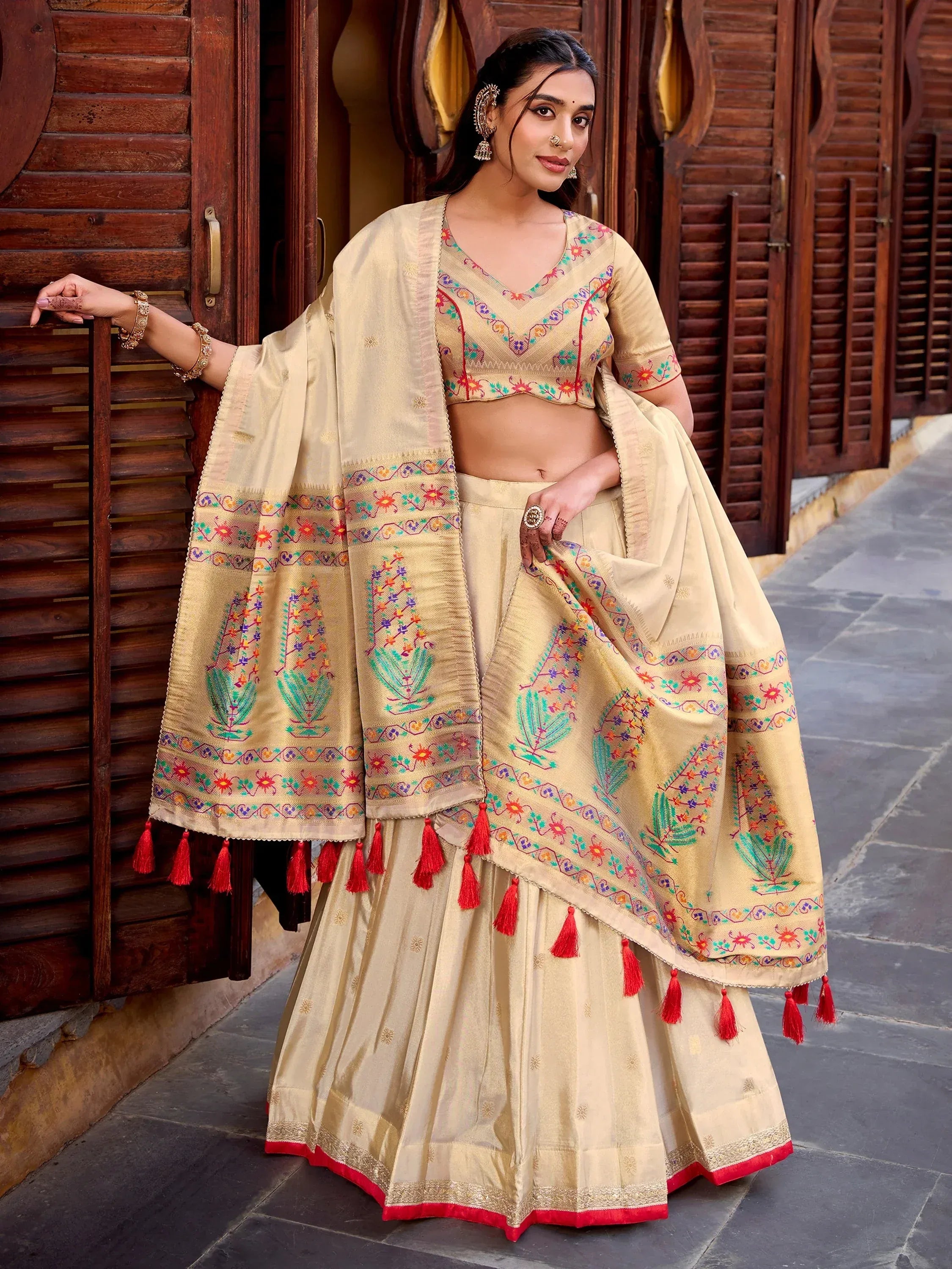 Glamorous Cream Zari Weaving Silk Marriage Wear Lehenga Choli
