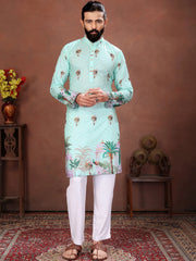 Bewitching Sea Green Digital Printed Cotton Wedding Wear Men’s Kurta