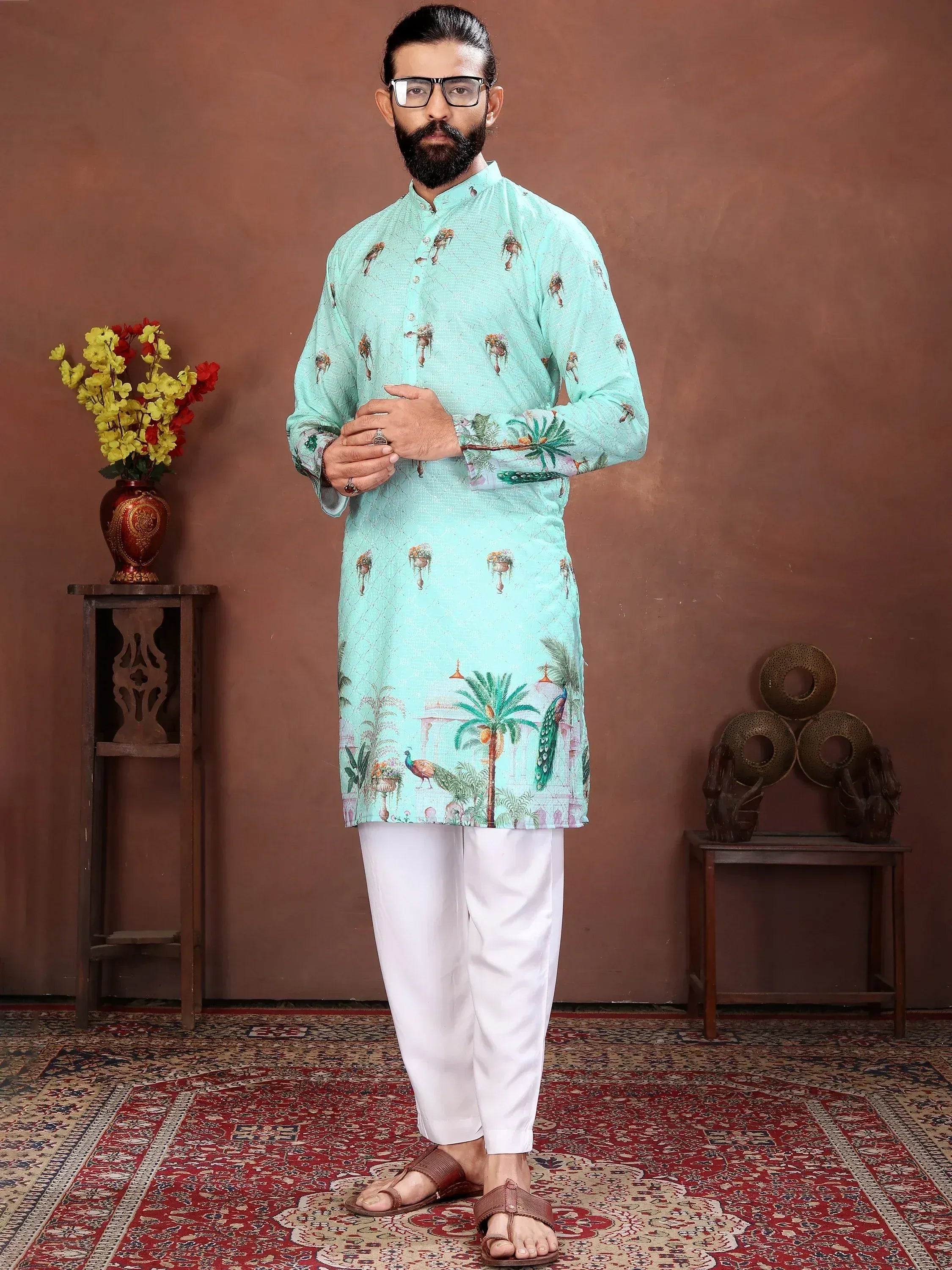 Bewitching Sea Green Digital Printed Cotton Wedding Wear Men’s Kurta