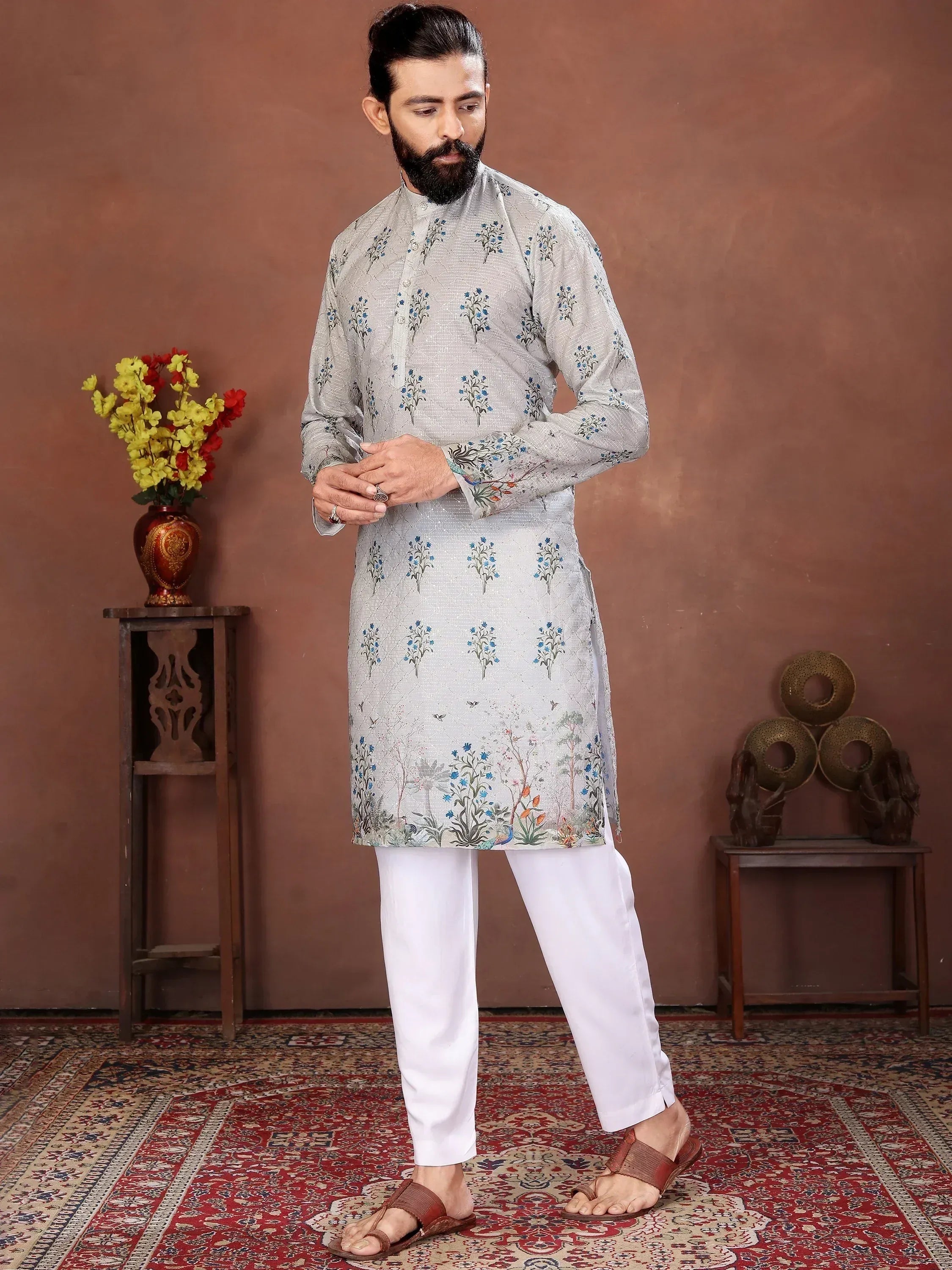 Artistic Grey Digital Printed Cotton Wedding Wear Men’s Kurta