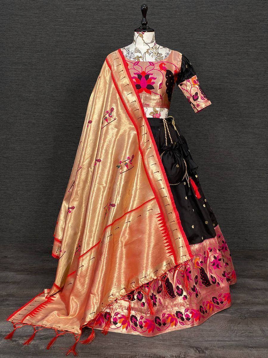 Black and peach embroidered lehenga choli with floral dupatta, Indian ethnic wear