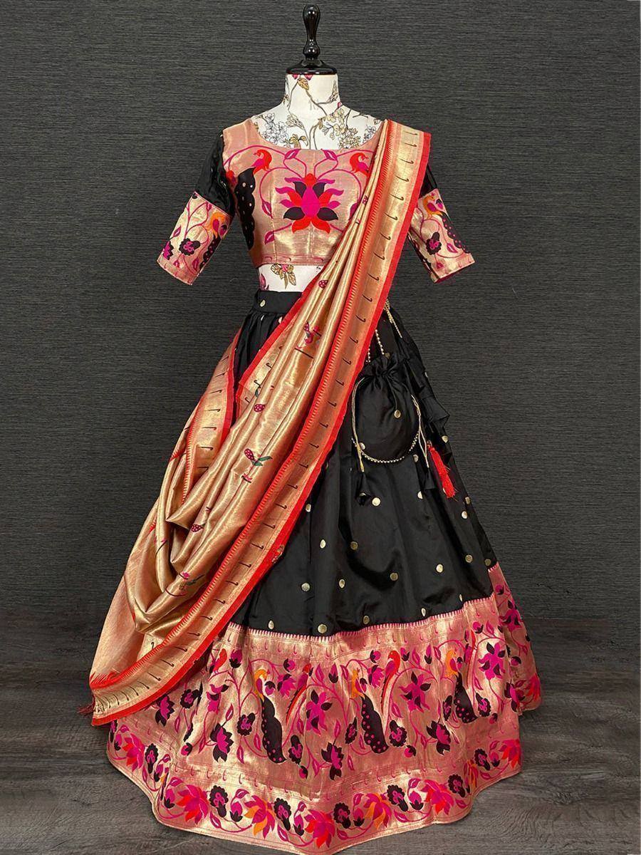 Black and gold embroidered lehenga choli with floral dupatta, Indian ethnic wear for women