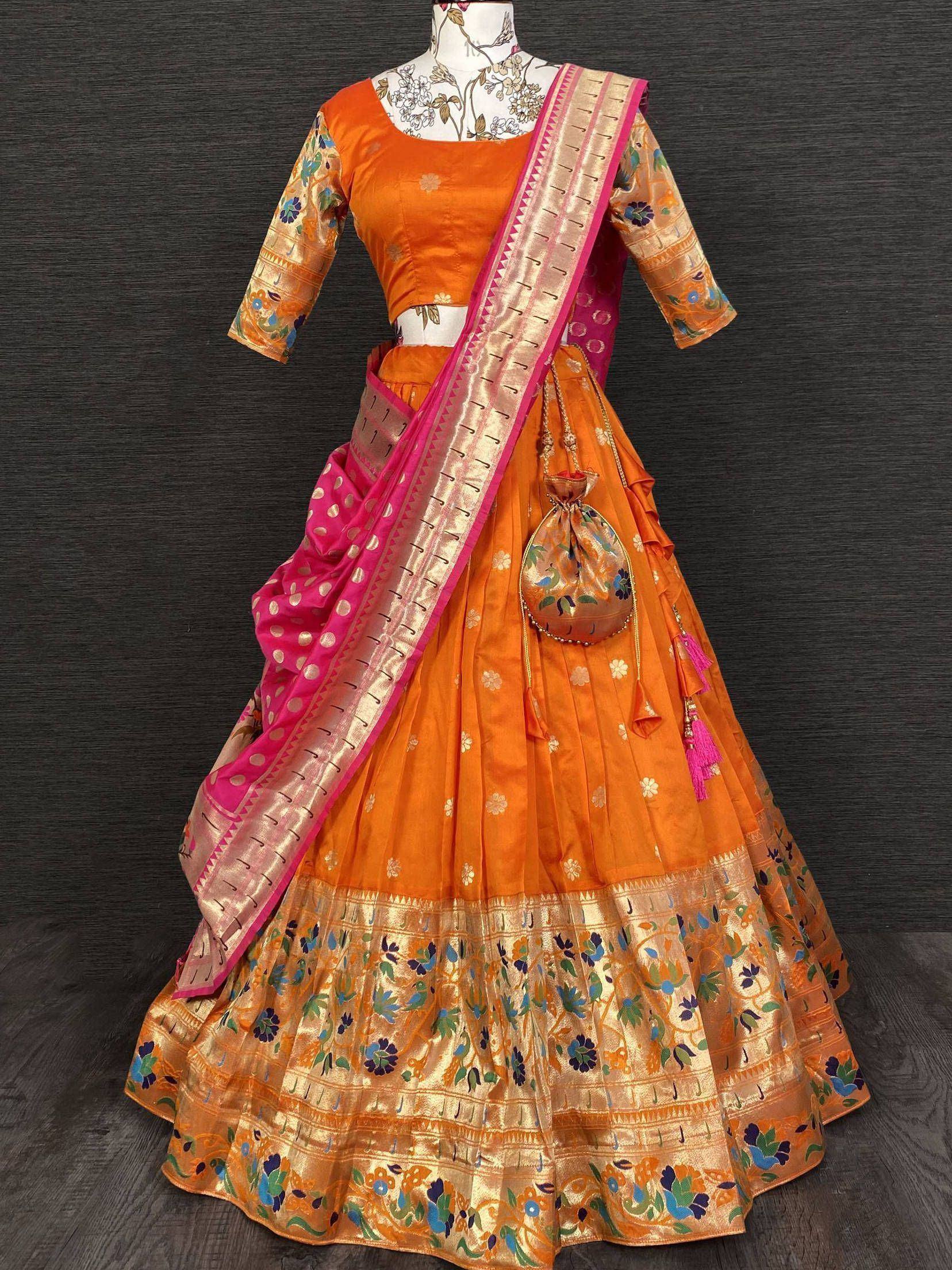 Orange floral lehenga choli with pink dupatta, perfect for Indian ethnic wear occasions