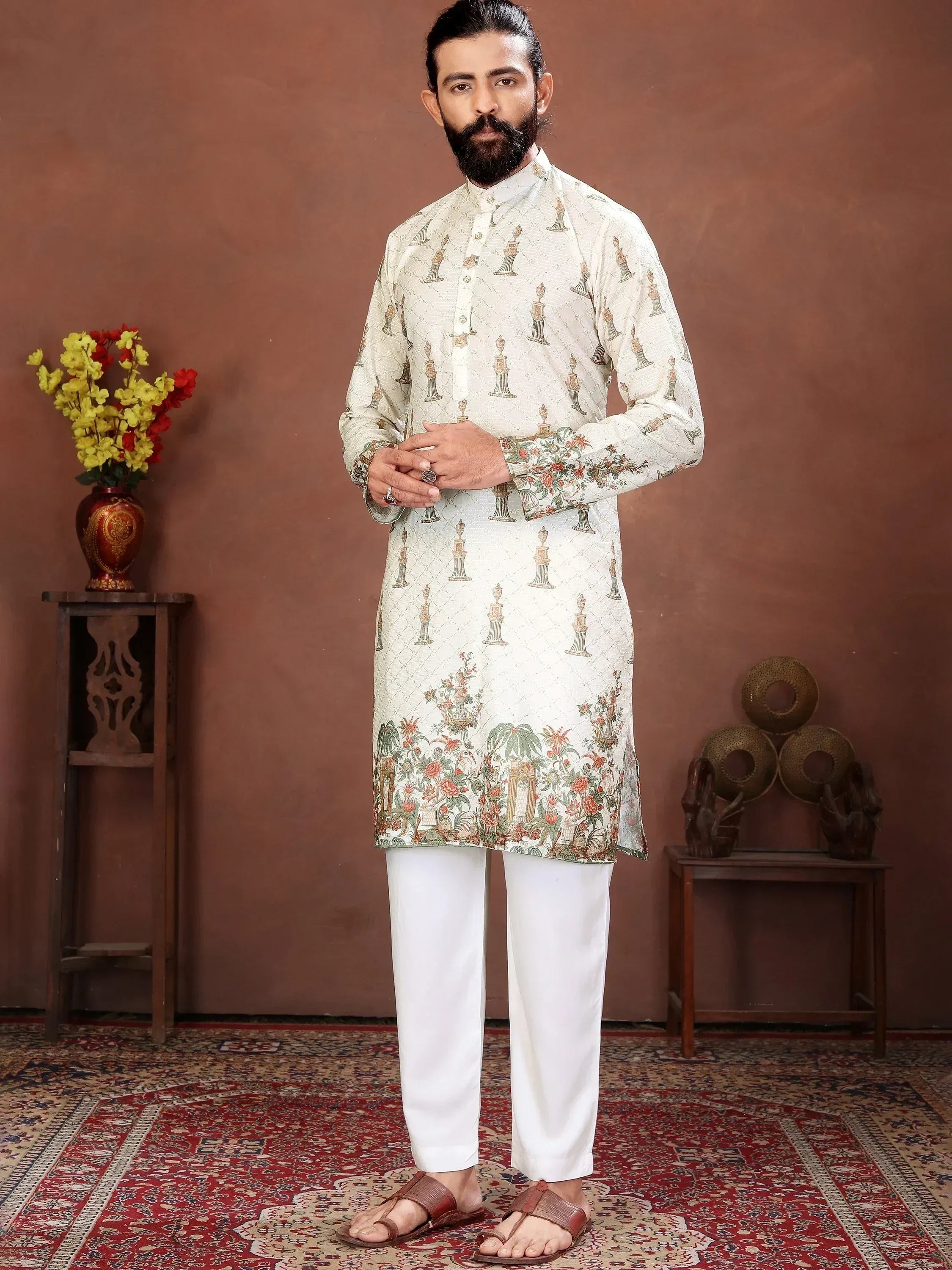 Amazing Off-White Digital Printed Cotton Festive Wear Men’s Kurta