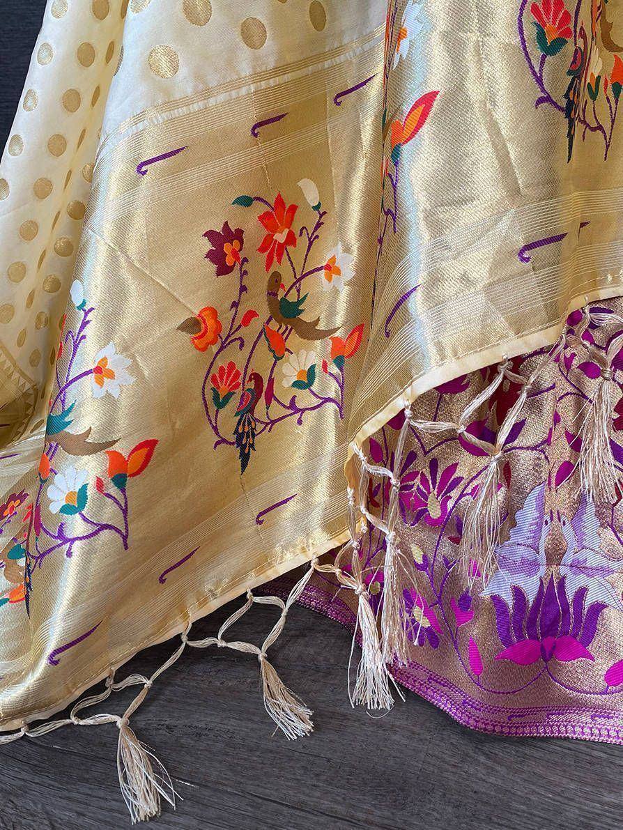 Golden embroidered dupatta with floral bird motifs, tassels, and polka dot border for ethnic wear