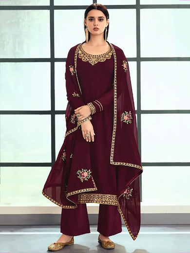 Delicate Maroon Georgette Embroidered Palazzo Suit With Dupatta