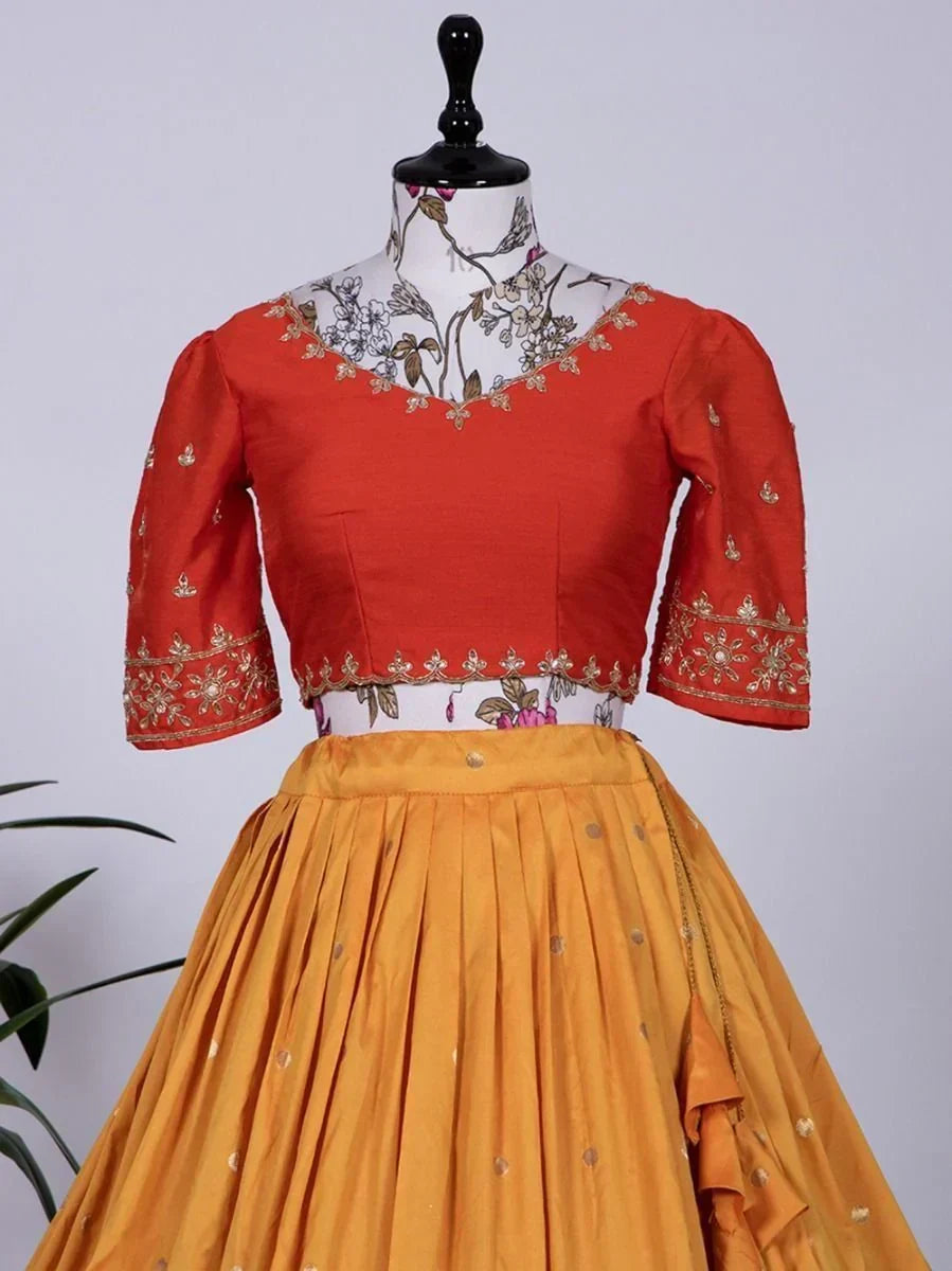 Captivating Yellow Zari Weaving Jacquard Silk Lehenga Choli