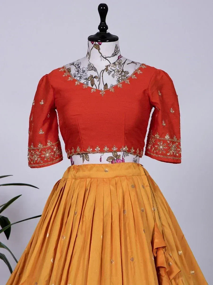 Orange embroidered blouse with yellow pleated lehenga, Indian ethnic wear for women
