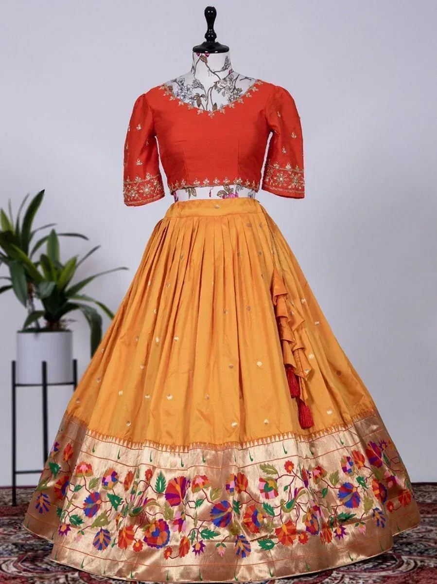 Orange embroidered lehenga choli with floral border, Indian ethnic wear for women