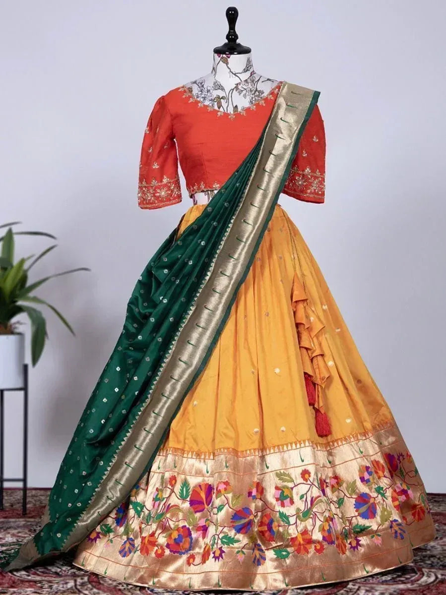 Orange blouse with yellow lehenga and green dupatta, floral embroidery, Indian ethnic wear