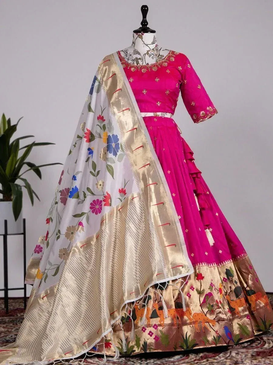 Pink designer lehenga choli with floral dupatta, ethnic Indian wear for weddings and festivals