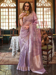 Fantastic Purple Printed Organza Wedding Wear Saree With Blouse