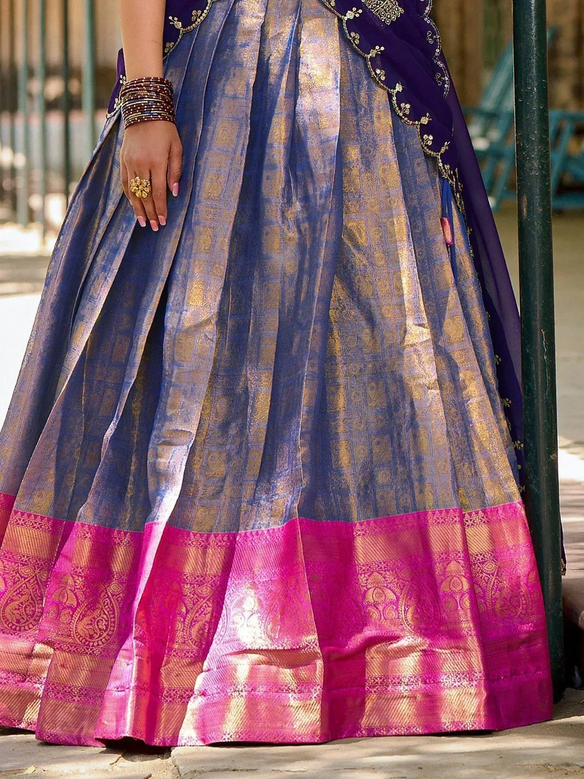 Blue and pink designer lehenga choli with gold brocade and embroidery, perfect for Indian ethnic wear