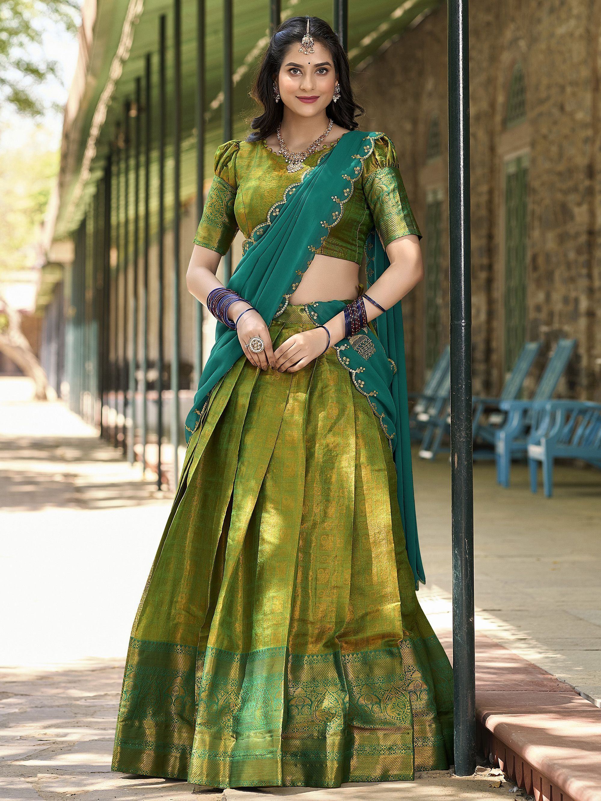 Lovely Green Zari Woven Kanchipuram Silk Traditional Half Saree Lehenga