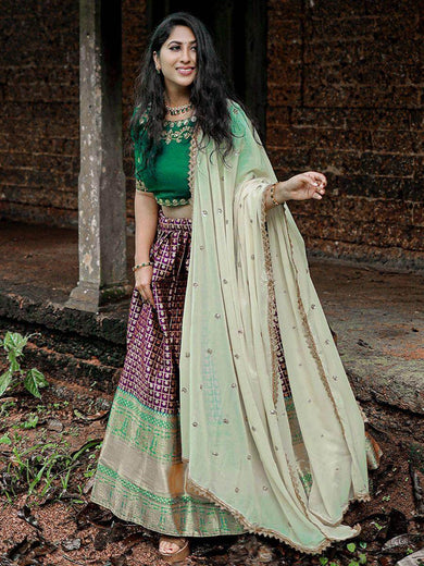 Amazing Wine Silk Zari Weaving Onam Festival Wear Half Saree Lehenga