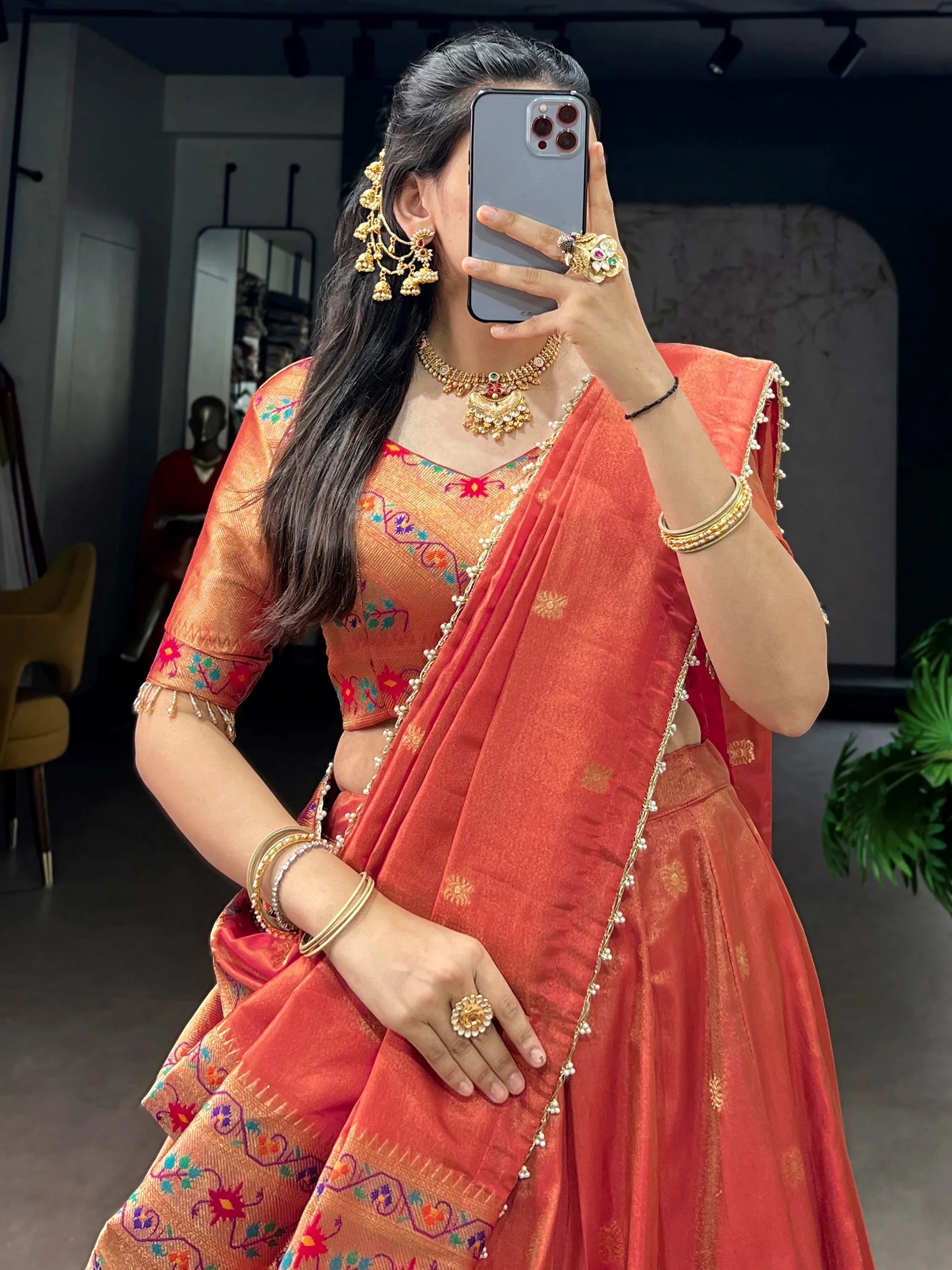 Wonderful Orange Zari Weaving Shimmer Festive Wear Lehenga Choli