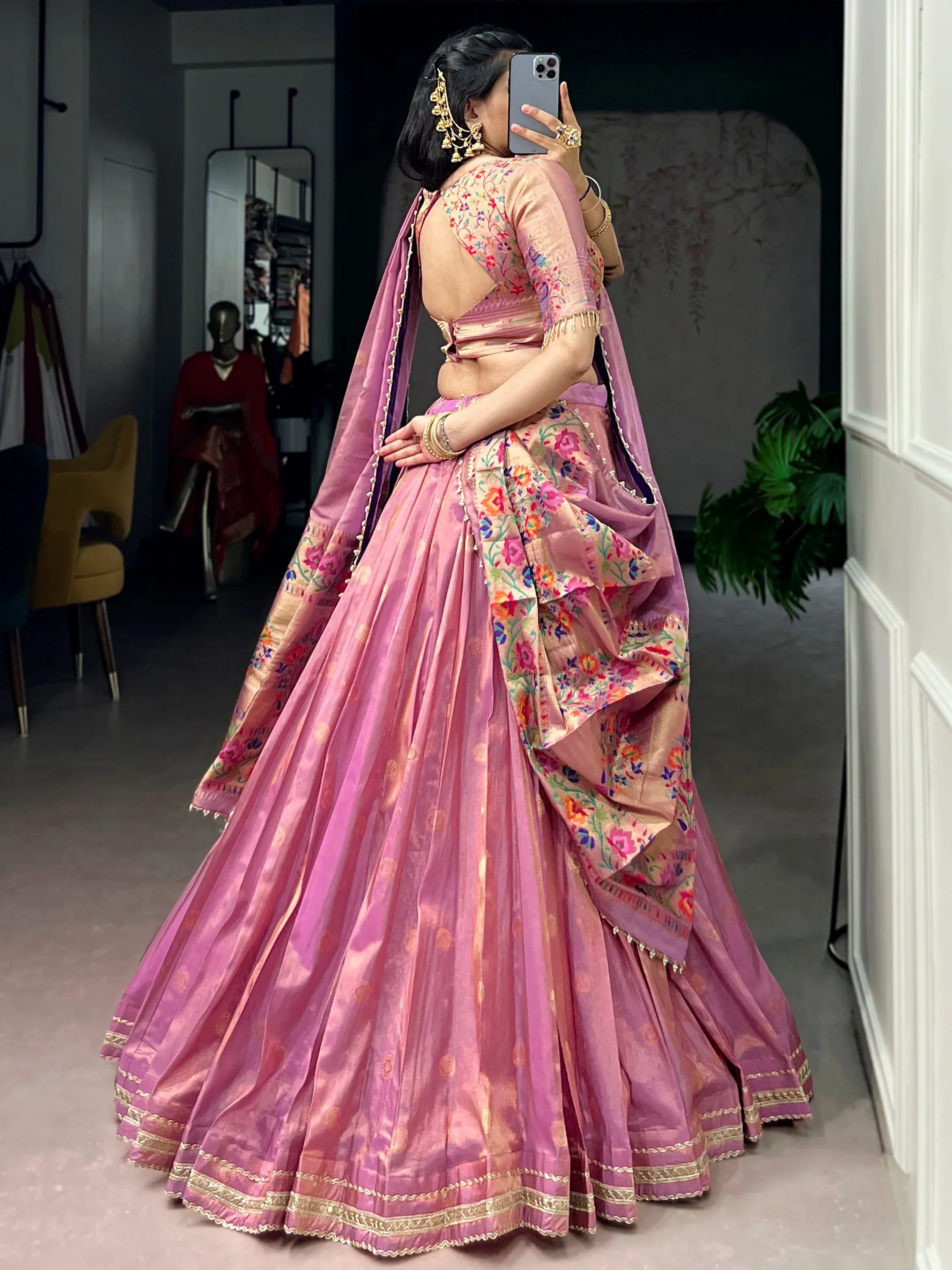 Fantastic Pink Zari Weaving Shimmer Wedding Wear Lehenga Choli