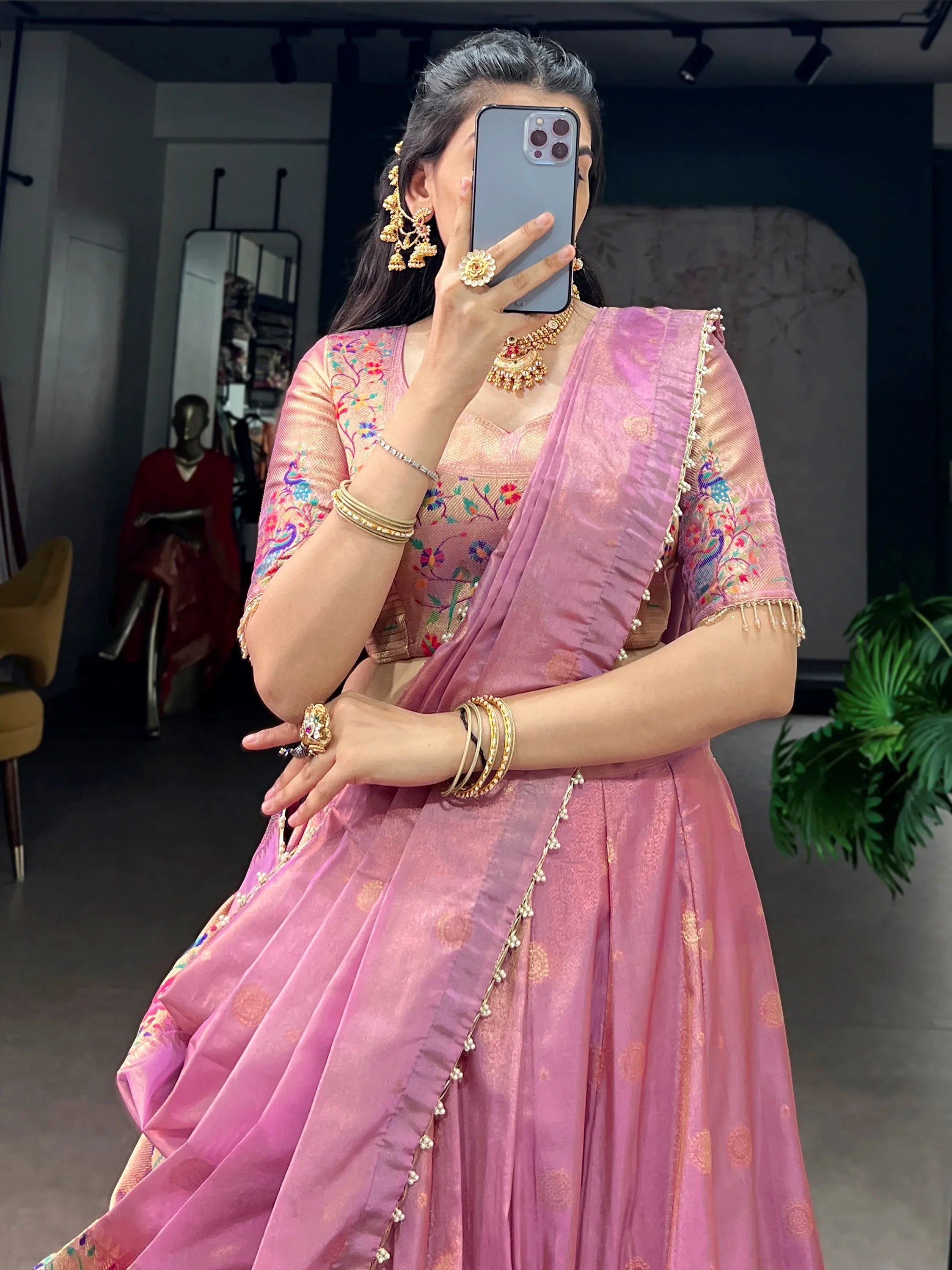 Fantastic Pink Zari Weaving Shimmer Wedding Wear Lehenga Choli