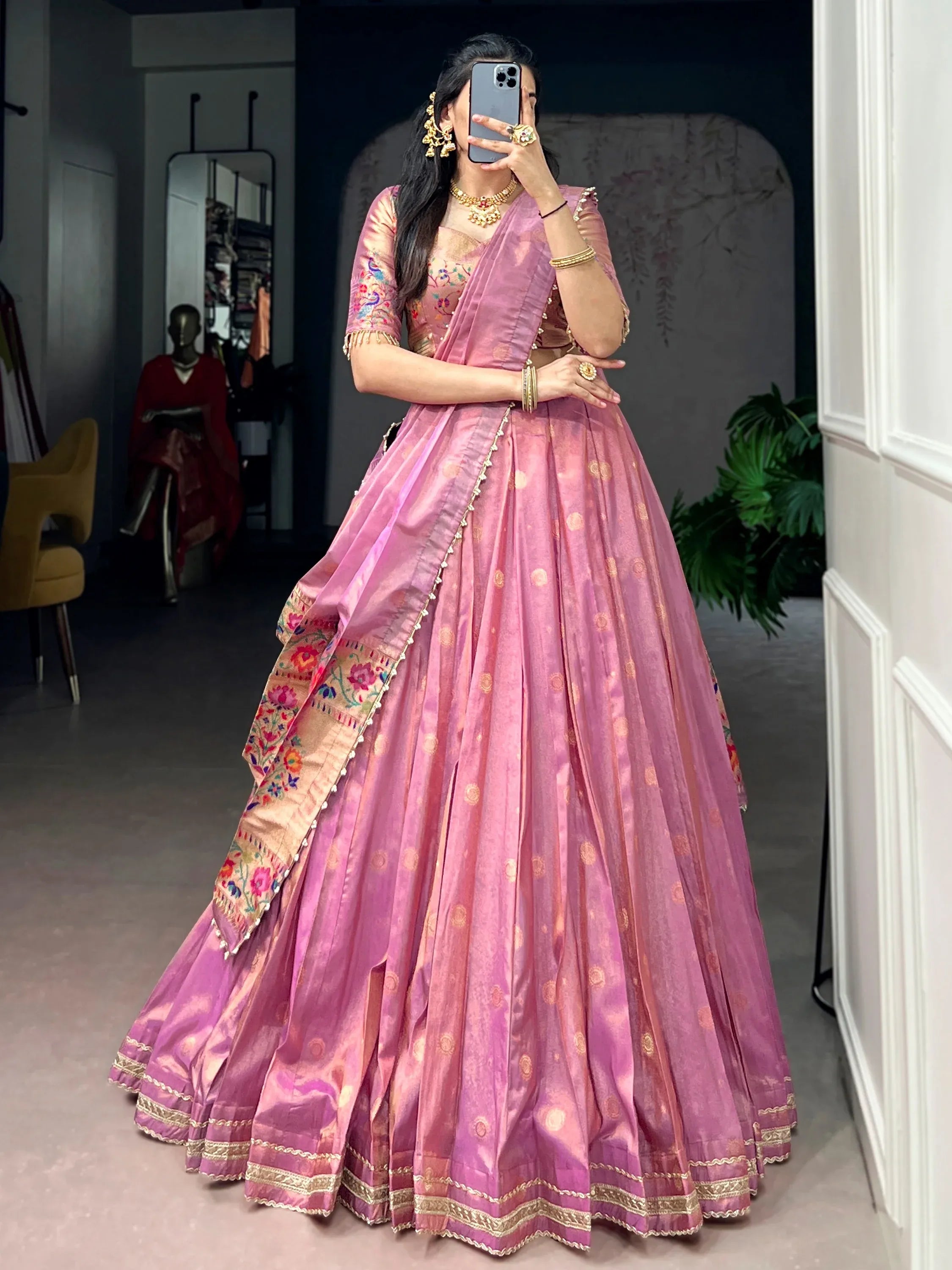 Fantastic Pink Zari Weaving Shimmer Wedding Wear Lehenga Choli
