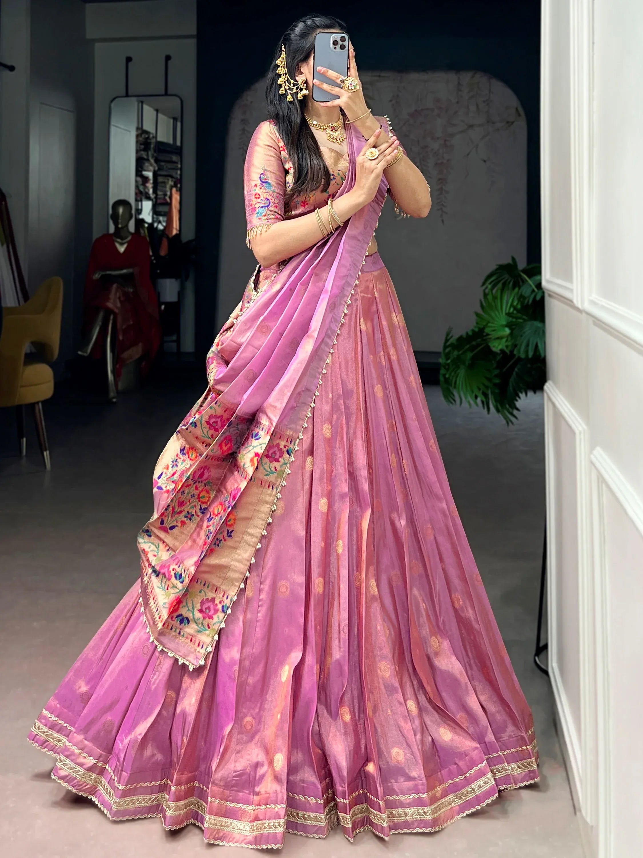 Fantastic Pink Zari Weaving Shimmer Wedding Wear Lehenga Choli