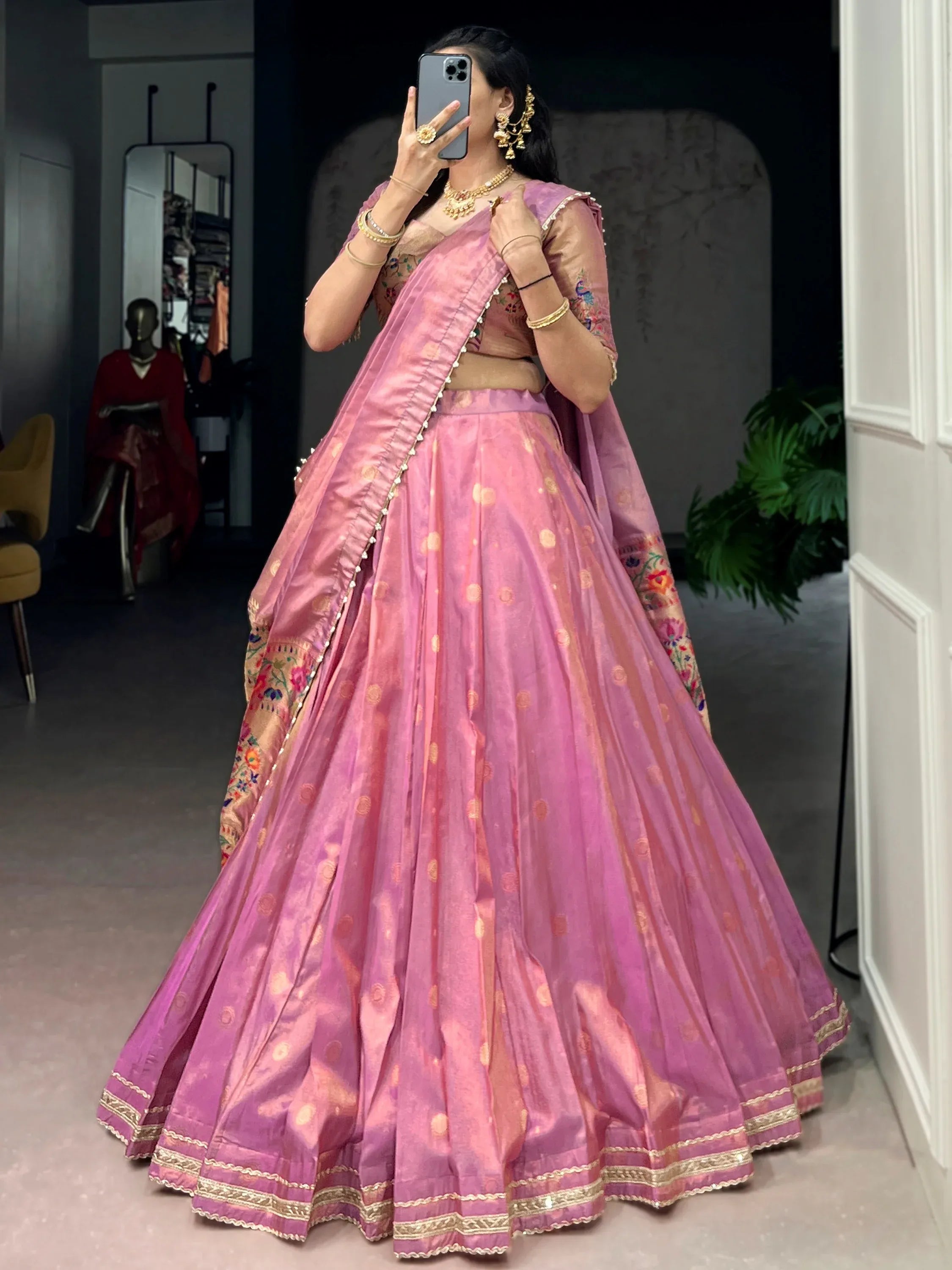 Fantastic Pink Zari Weaving Shimmer Wedding Wear Lehenga Choli